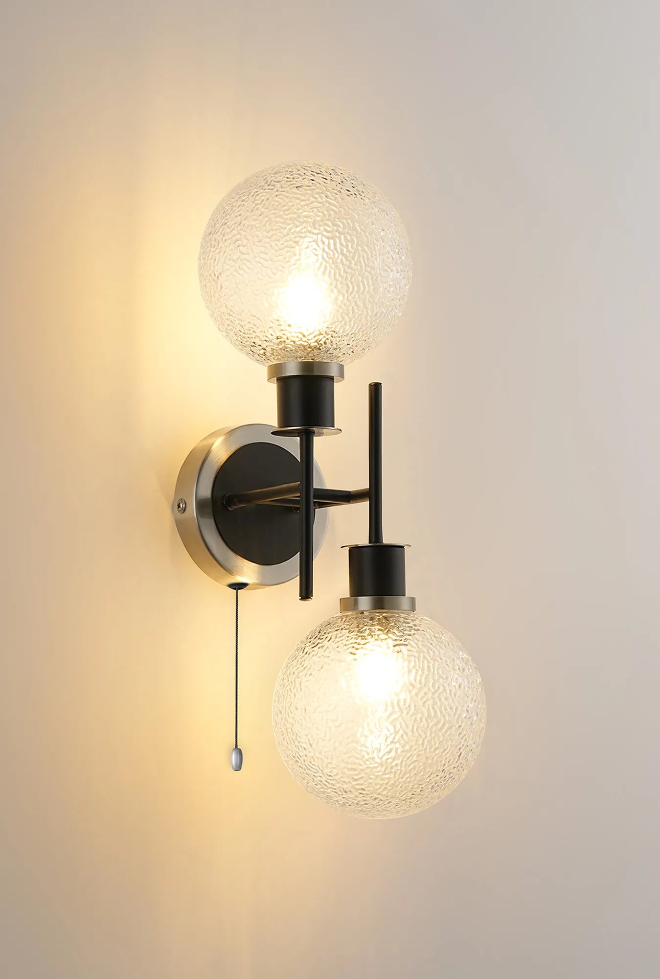 Sycamore Switched Wall Light 2 Light with 15cm Round Dimpled Glass Shade - Satin Nickel, Clear & Satin Black