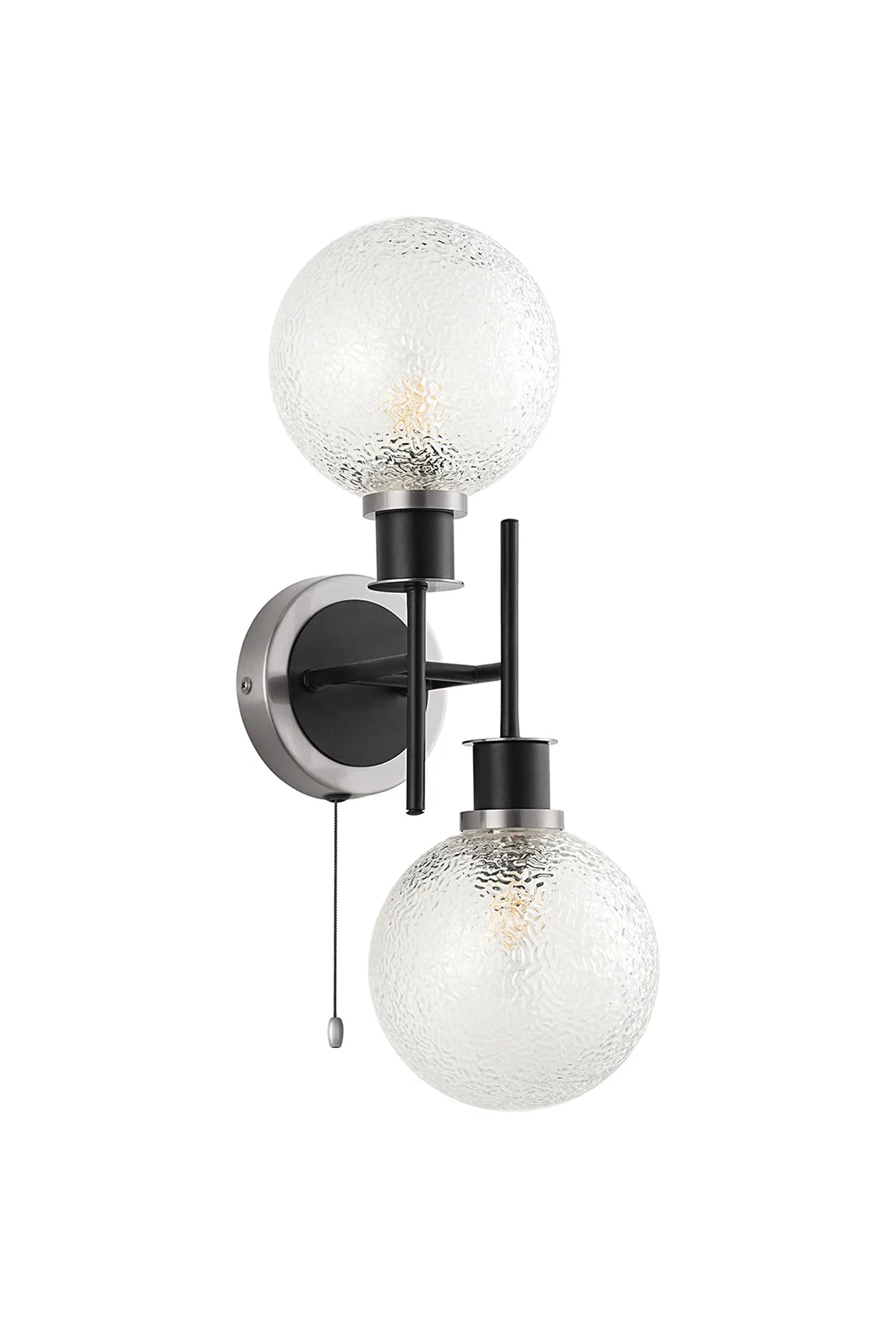 Sycamore Switched Wall Light 2 Light with 15cm Round Dimpled Glass Shade - Satin Nickel, Clear & Satin Black