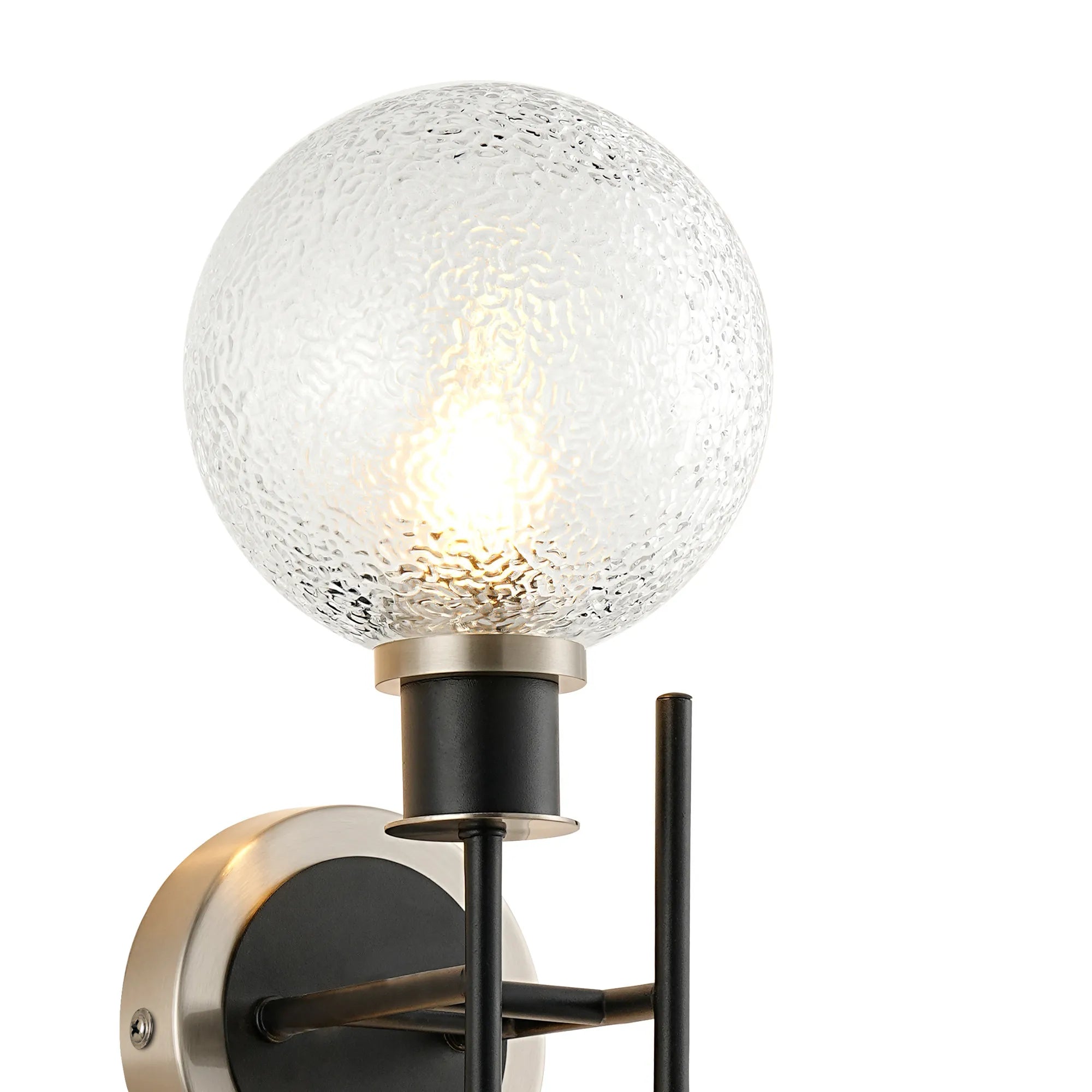 Sycamore Switched Wall Light 2 Light with 15cm Round Dimpled Glass Shade - Satin Nickel, Clear & Satin Black
