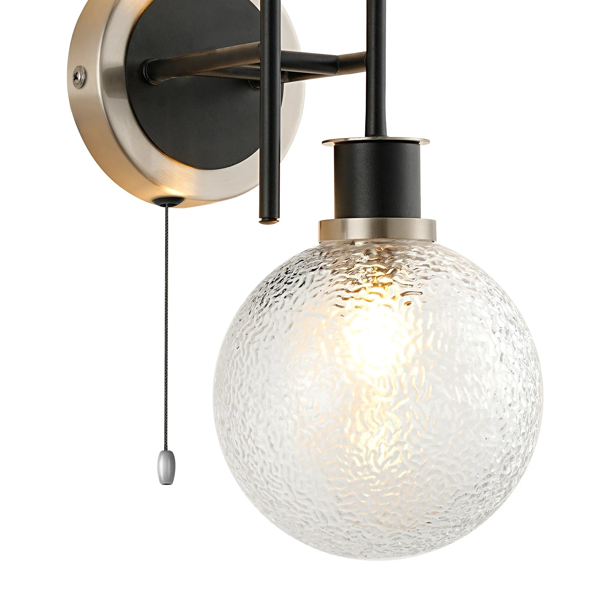 Sycamore Switched Wall Light 2 Light with 15cm Round Dimpled Glass Shade - Satin Nickel, Clear & Satin Black
