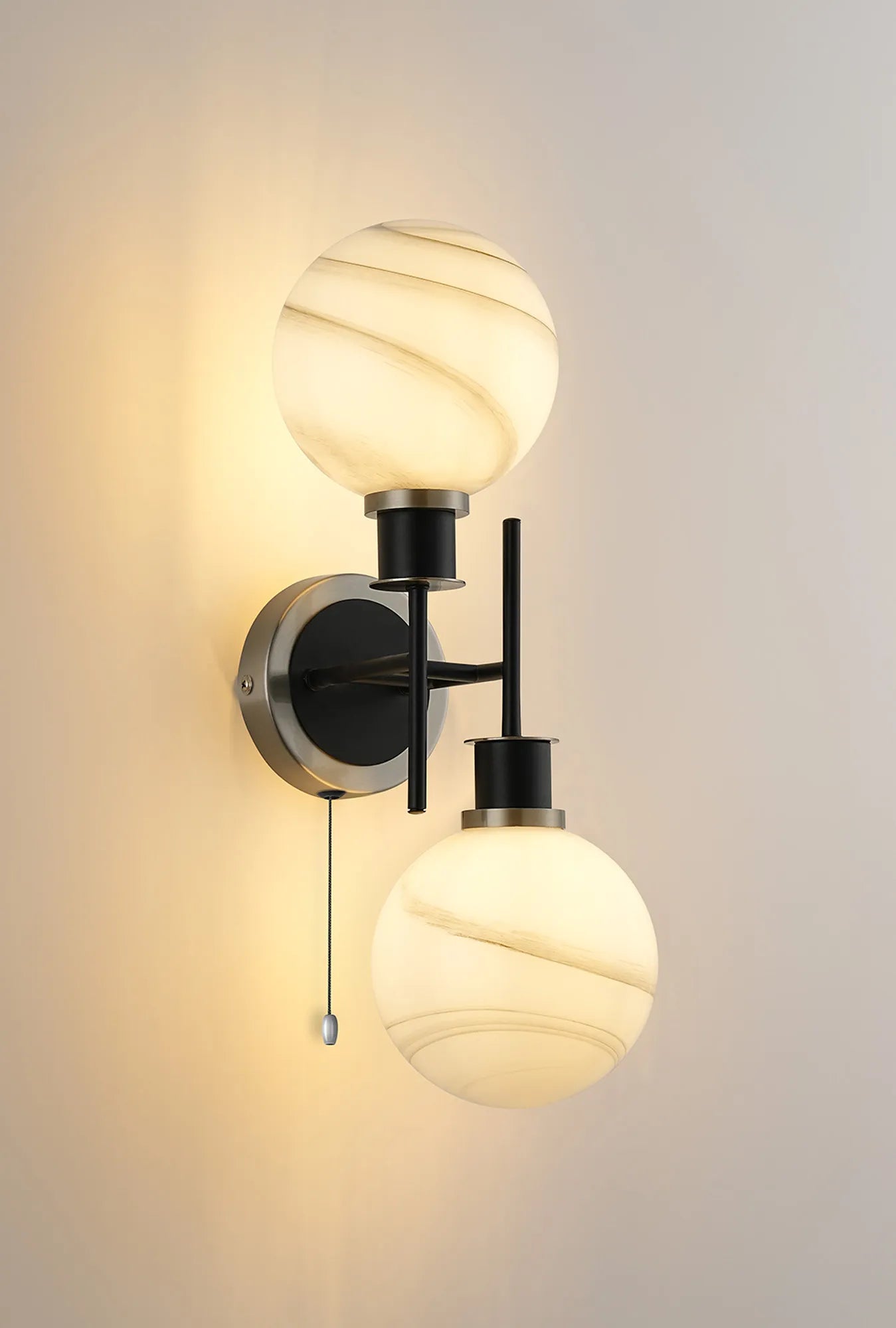 Sycamore Switched Wall Light 2 Light with 15cm Round Marble Effect Glass Shade - Satin Nickel, White & Satin Black