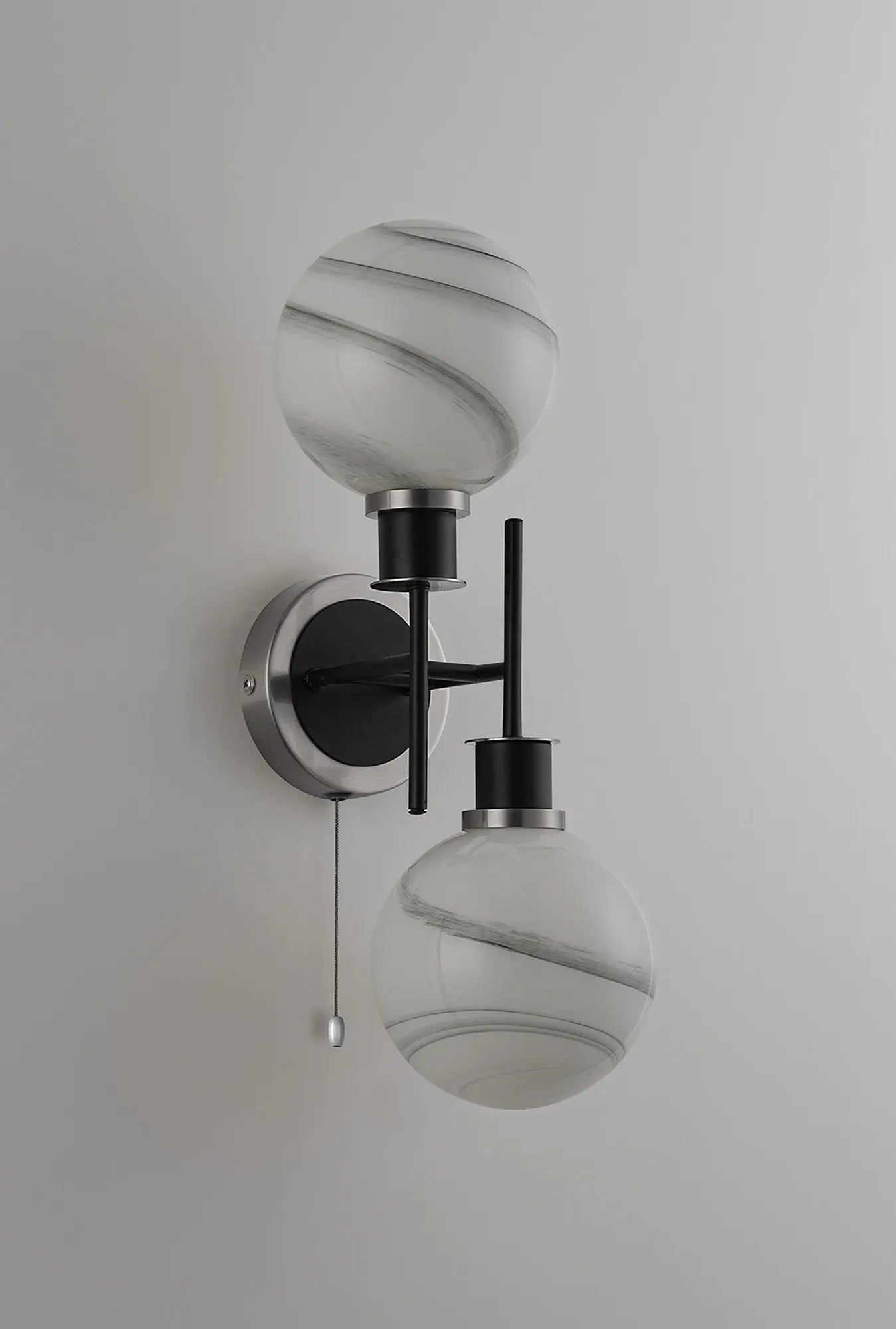 Sycamore Switched Wall Light 2 Light with 15cm Round Marble Effect Glass Shade - Satin Nickel, White & Satin Black