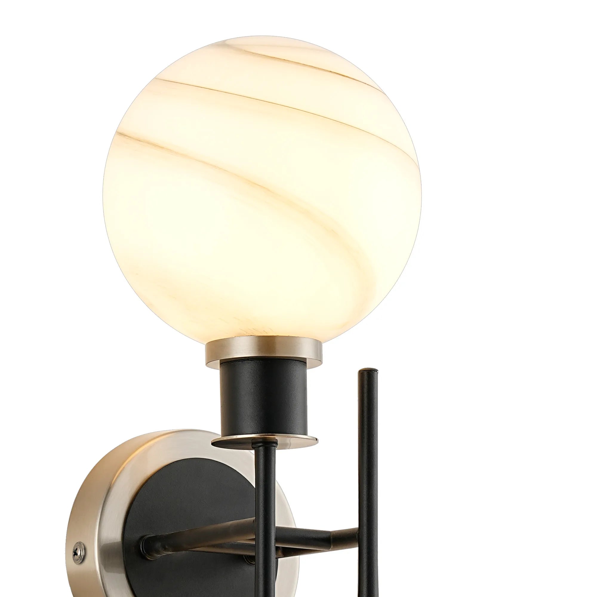 Sycamore Switched Wall Light 2 Light with 15cm Round Marble Effect Glass Shade - Satin Nickel, White & Satin Black