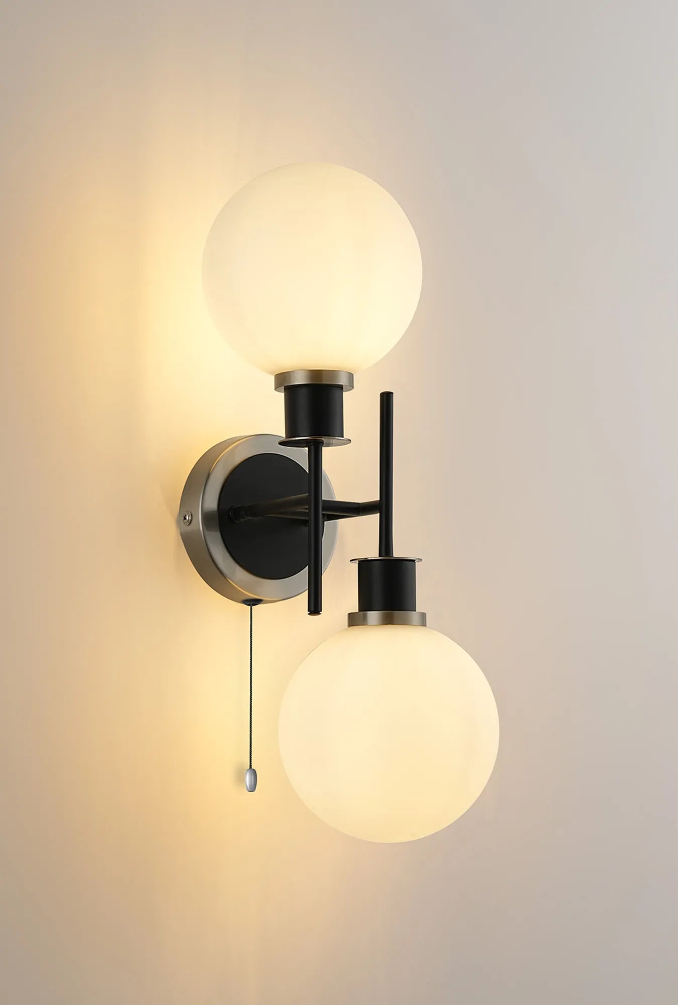 Sycamore Switched Wall Light 2 Light with 15cm Round Glass Shade - Satin Nickel, Opal & Satin Black