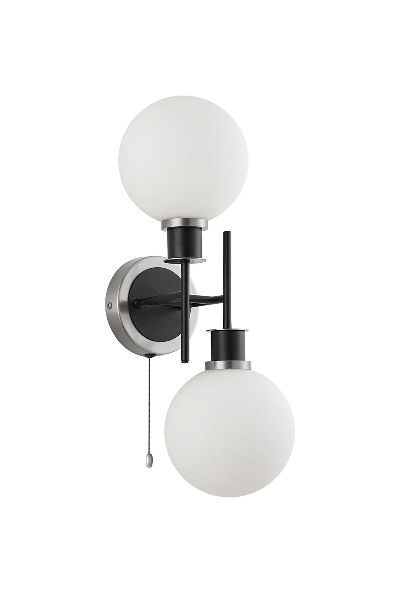 Sycamore Switched Wall Light 2 Light with 15cm Round Glass Shade - Satin Nickel, Opal & Satin Black