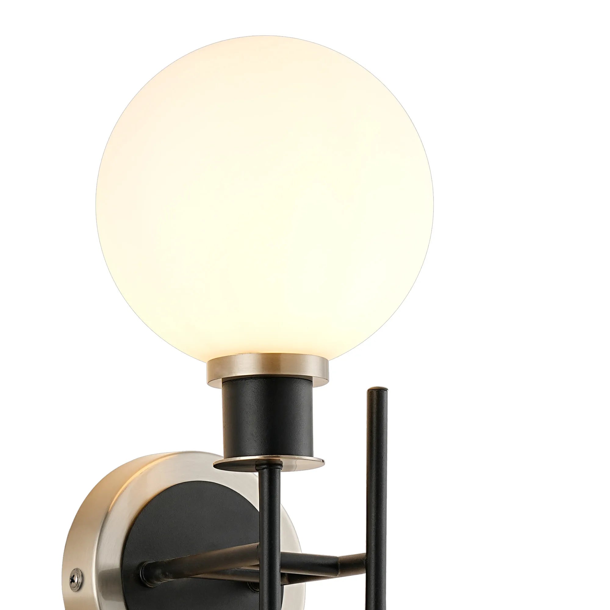 Sycamore Switched Wall Light 2 Light with 15cm Round Glass Shade - Satin Nickel, Opal & Satin Black
