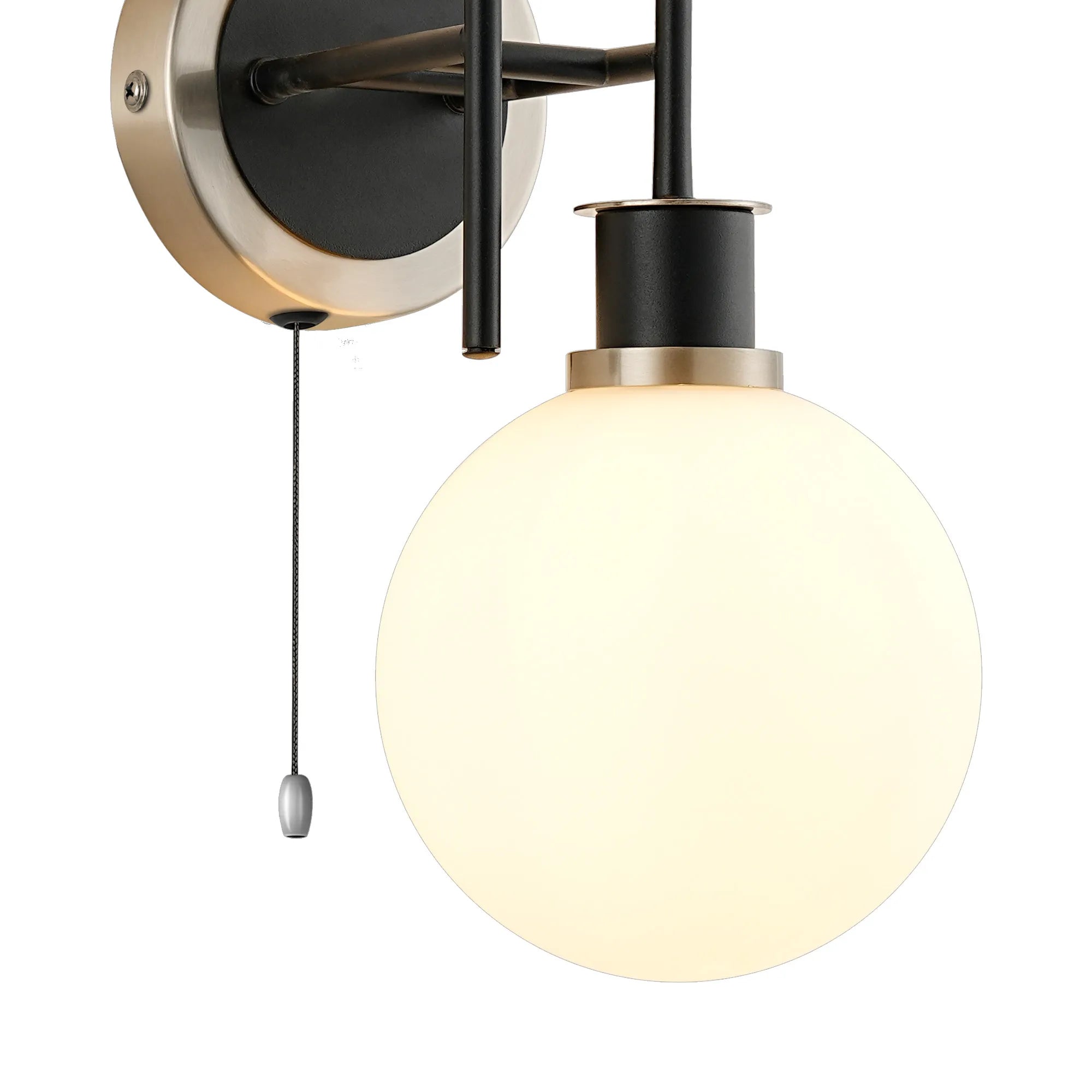 Sycamore Switched Wall Light 2 Light with 15cm Round Glass Shade - Satin Nickel, Opal & Satin Black