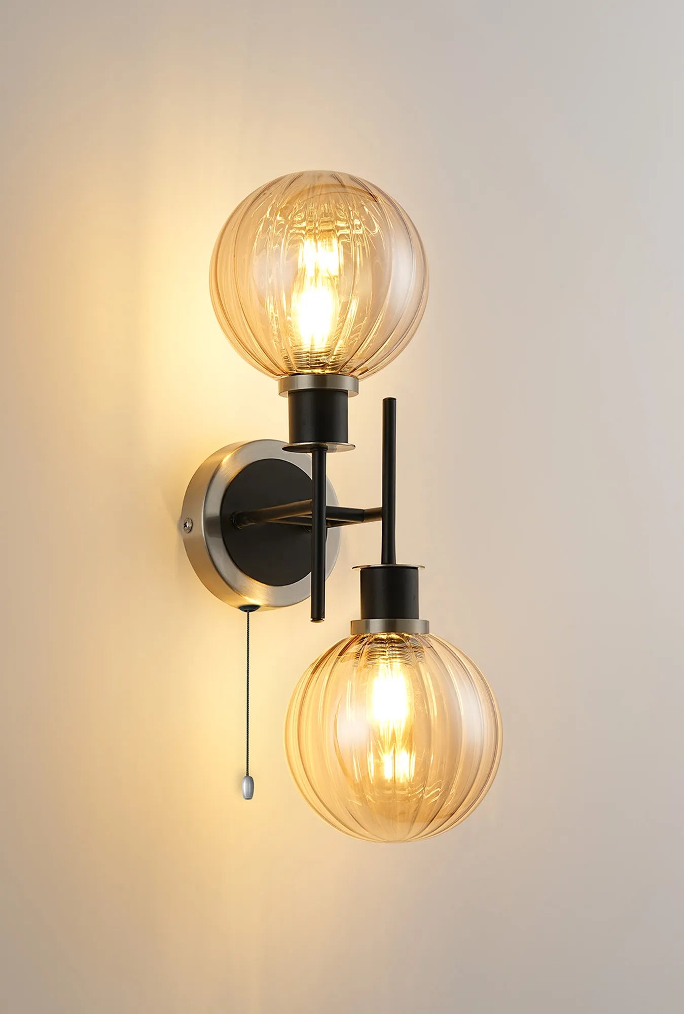 Sycamore Switched Wall Light 2 Light with 15cm Round Segment Glass Shade - Satin Nickel, Amber Plated & Satin Black