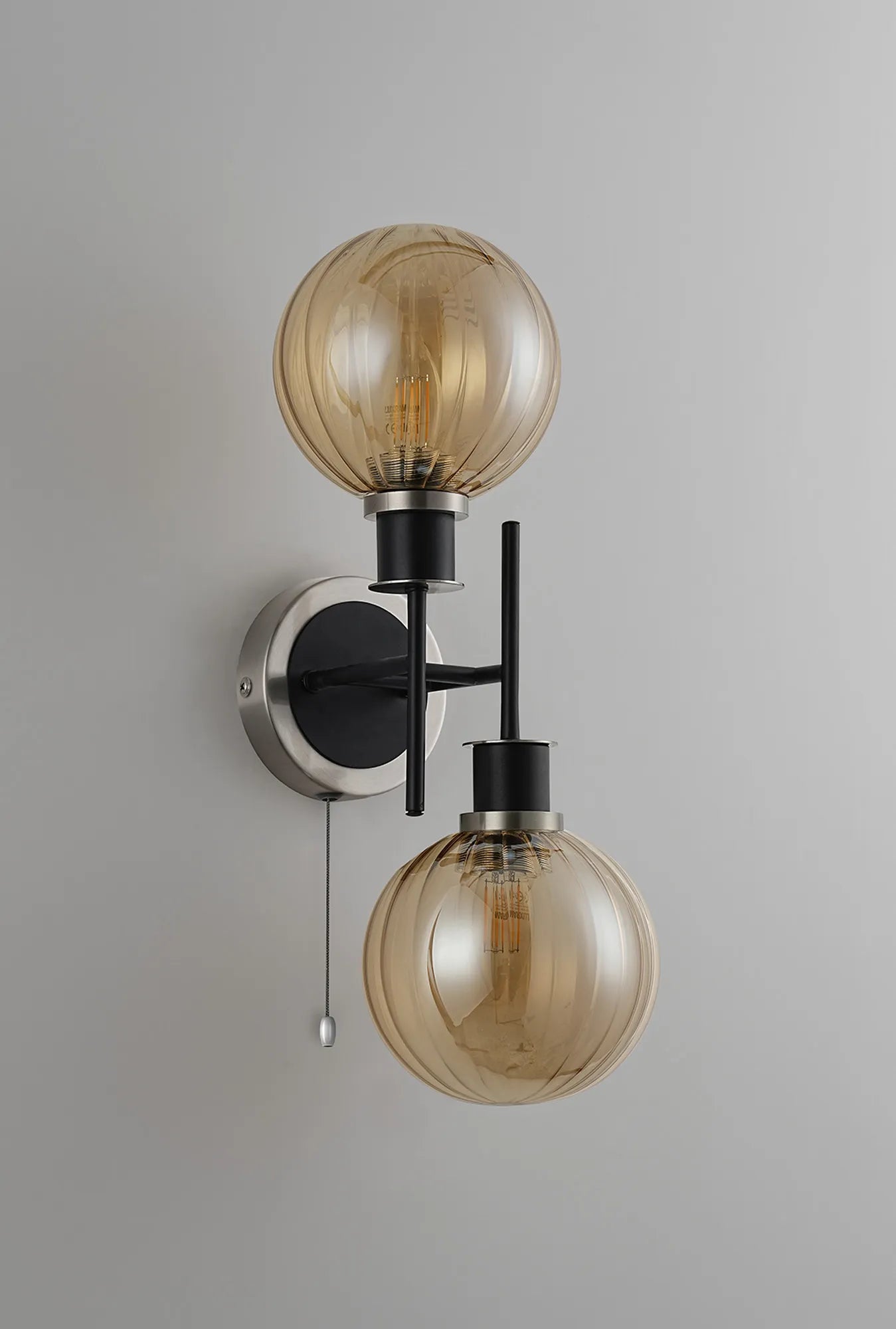 Sycamore Switched Wall Light 2 Light with 15cm Round Segment Glass Shade - Satin Nickel, Amber Plated & Satin Black