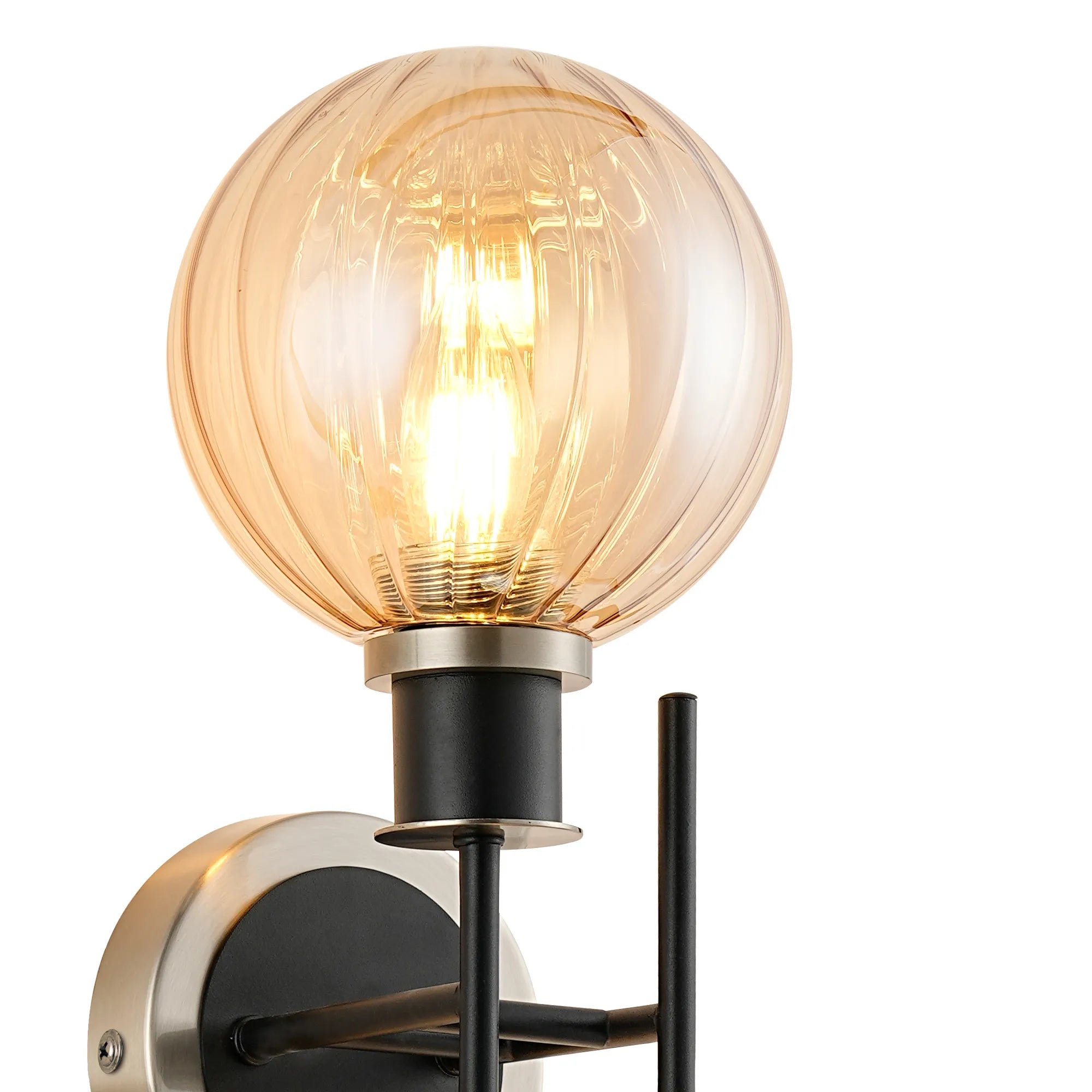 Sycamore Switched Wall Light 2 Light with 15cm Round Segment Glass Shade - Satin Nickel, Amber Plated & Satin Black