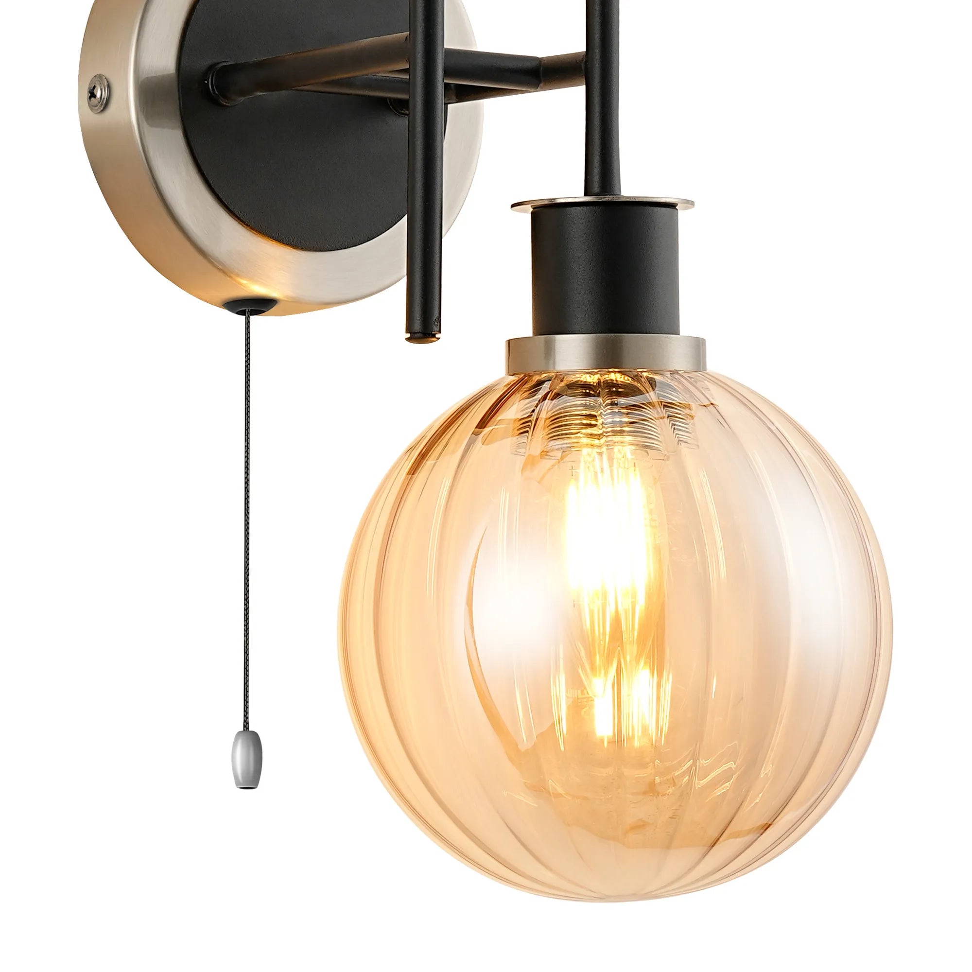 Sycamore Switched Wall Light 2 Light with 15cm Round Segment Glass Shade - Satin Nickel, Amber Plated & Satin Black