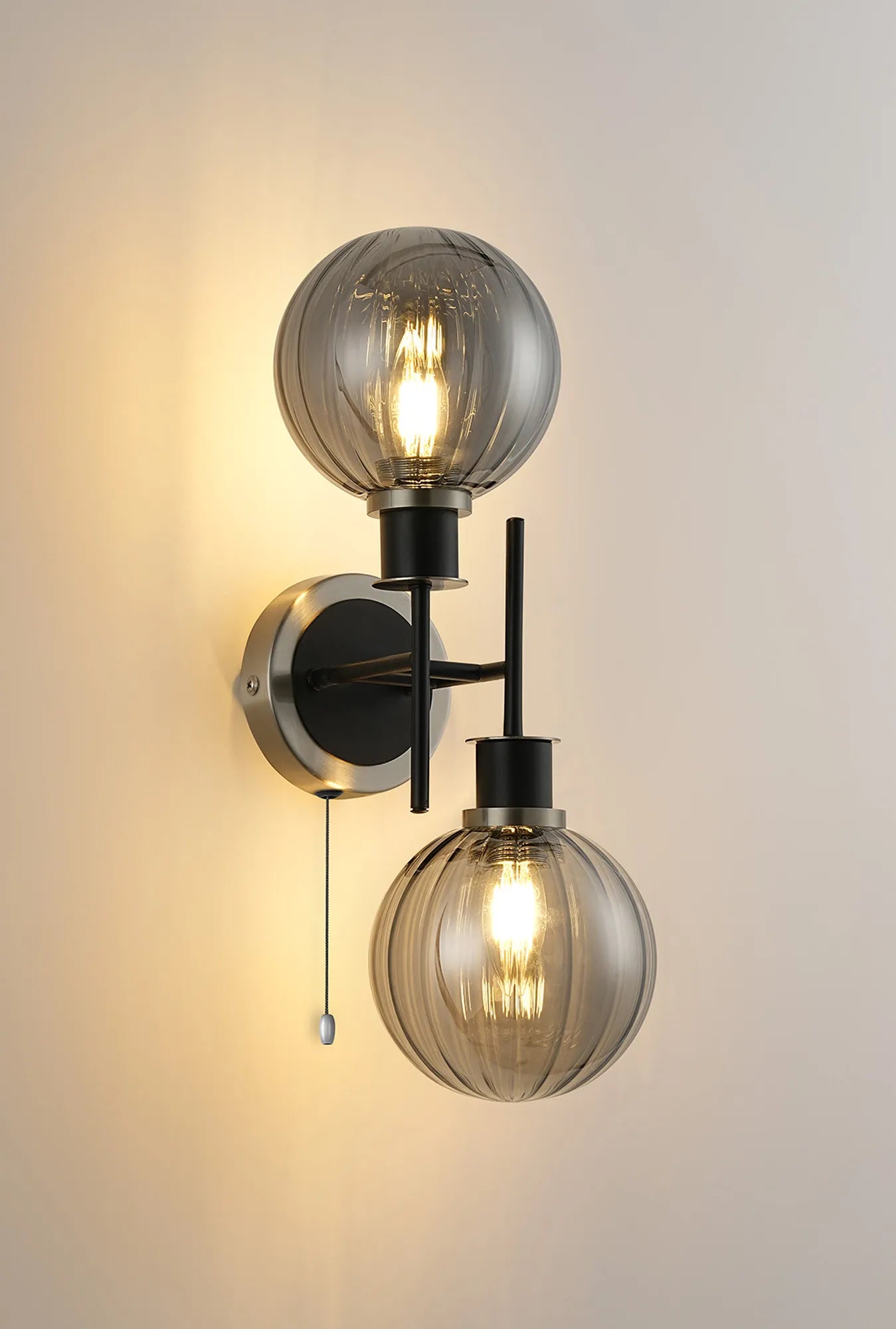 Sycamore Switched Wall Light 2 Light with 15cm Round Segment Glass Shade - Satin Nickel, Smoke Plated & Satin Black