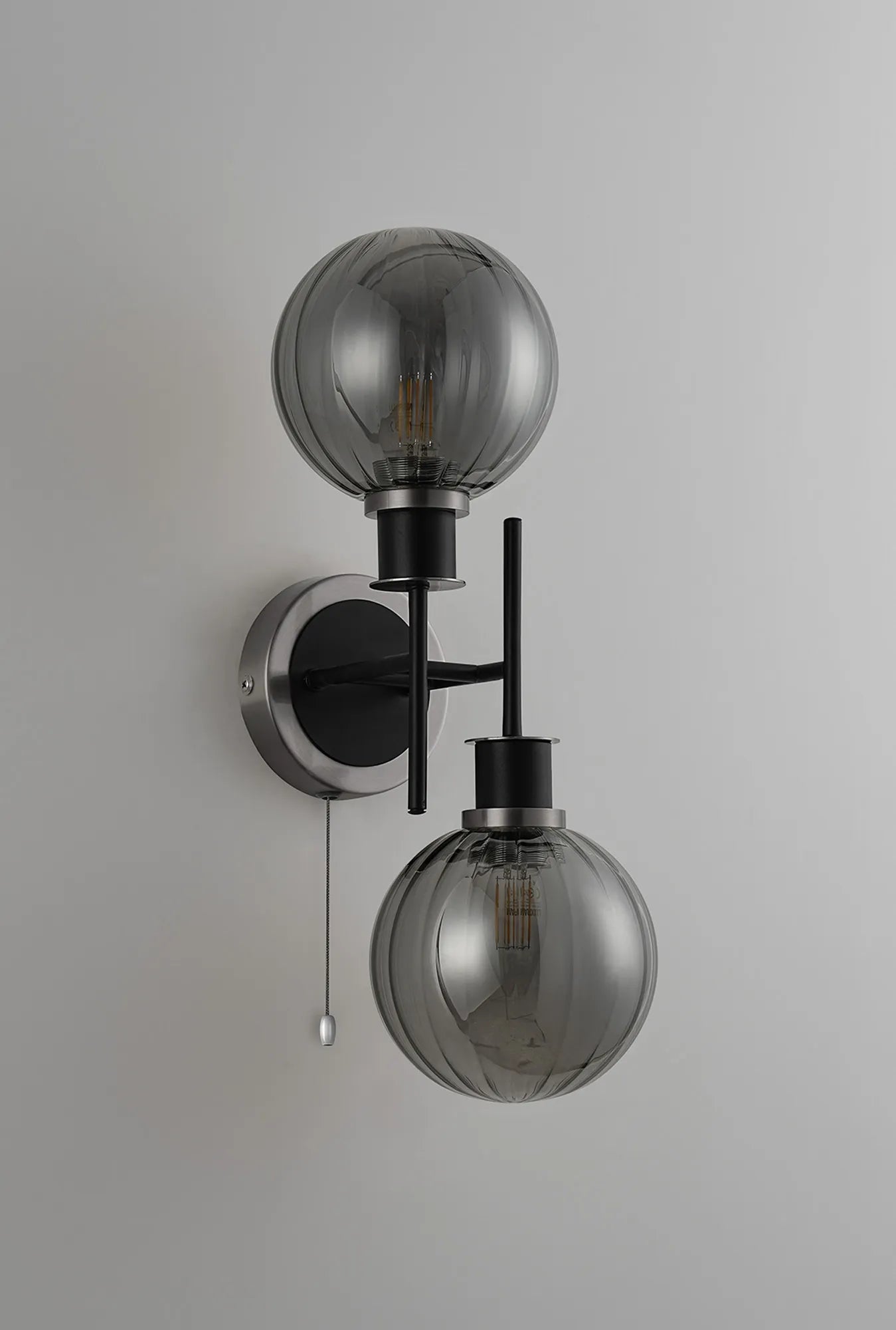 Sycamore Switched Wall Light 2 Light with 15cm Round Segment Glass Shade - Satin Nickel, Smoke Plated & Satin Black
