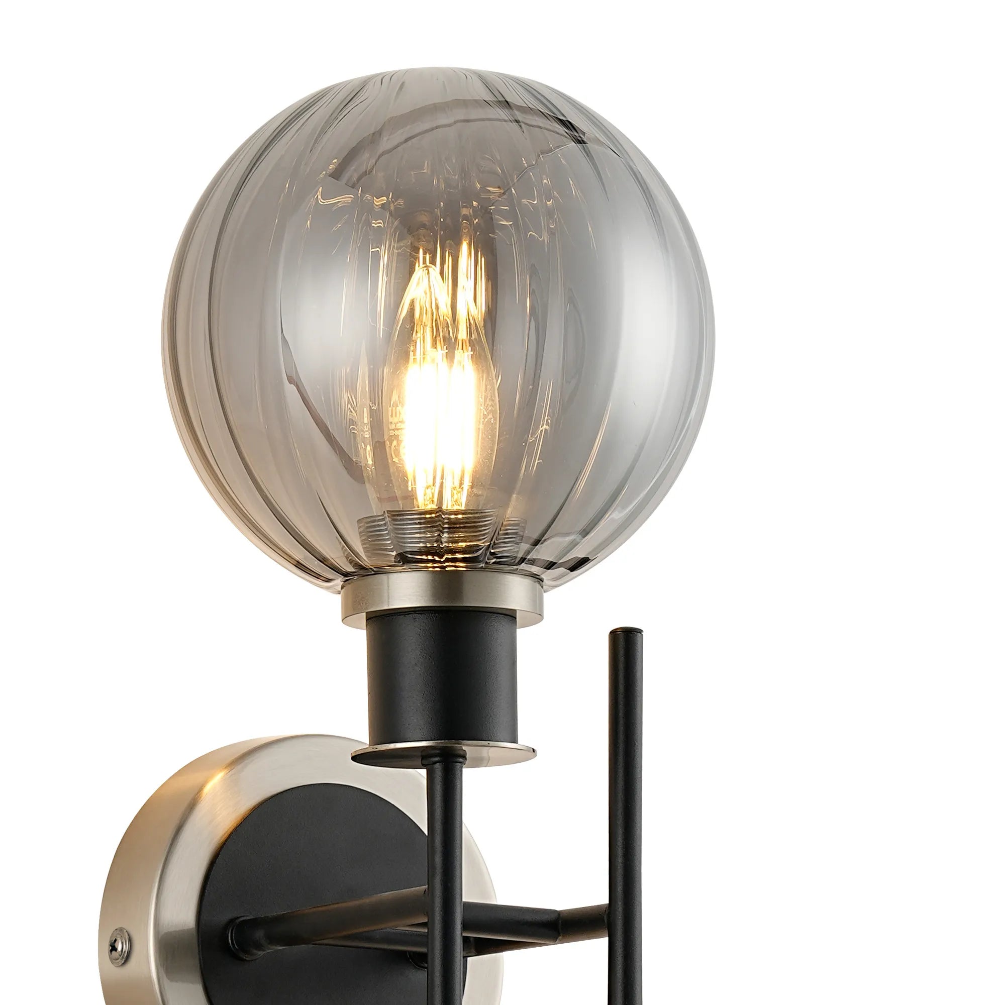Sycamore Switched Wall Light 2 Light with 15cm Round Segment Glass Shade - Satin Nickel, Smoke Plated & Satin Black