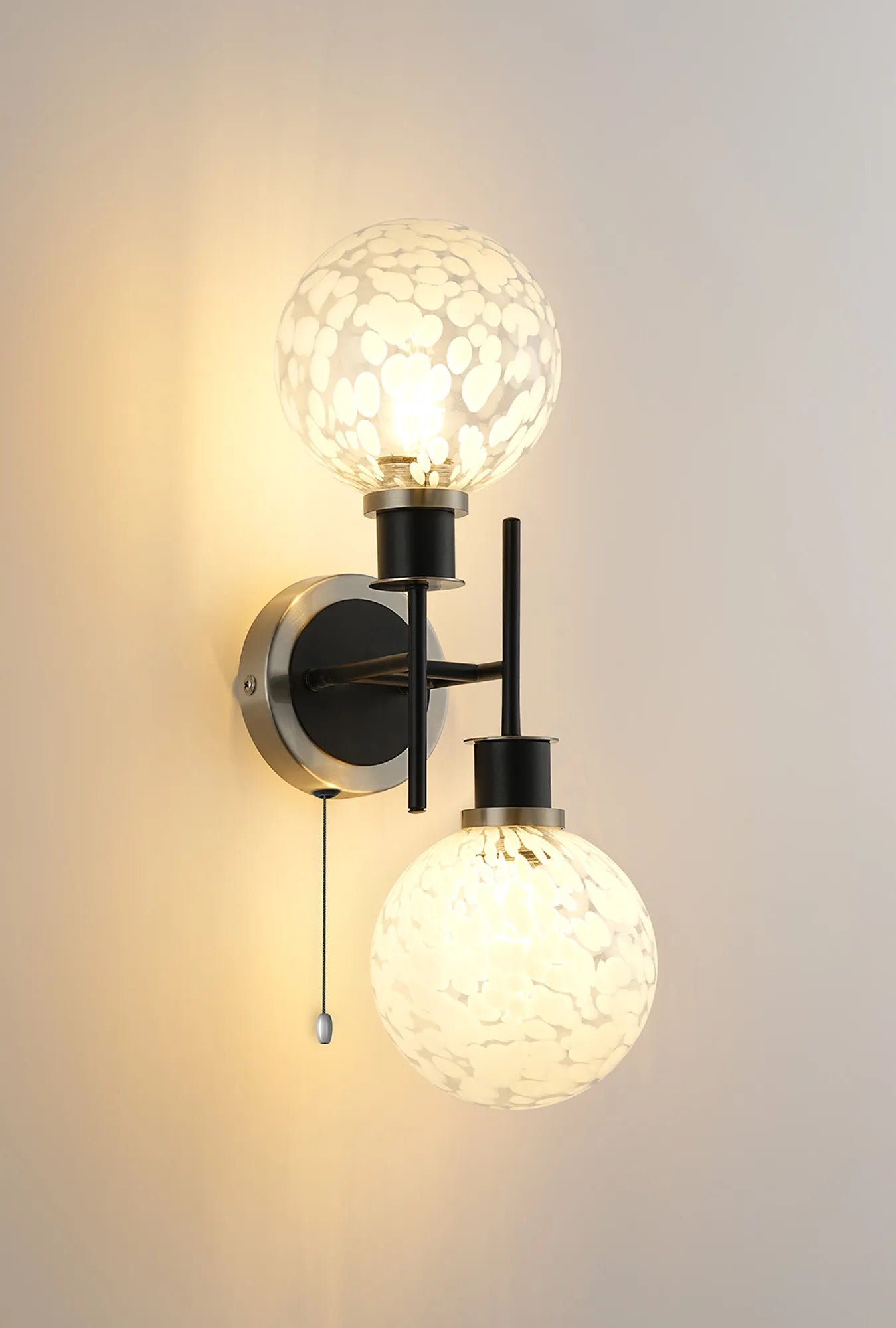 Sycamore Switched Wall Light 2 Light with 15cm Round Speckled Glass Shade - Satin Nickel, White & Satin Black