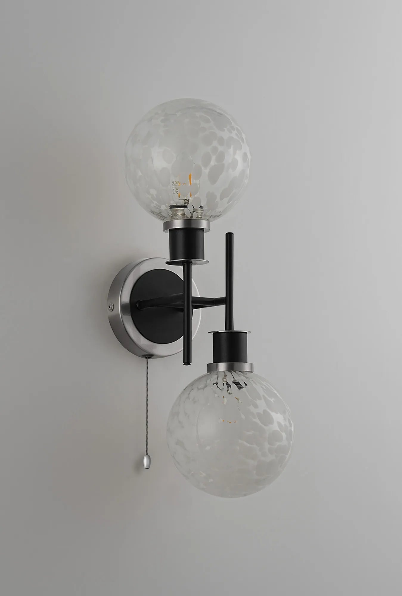 Sycamore Switched Wall Light 2 Light with 15cm Round Speckled Glass Shade - Satin Nickel, White & Satin Black