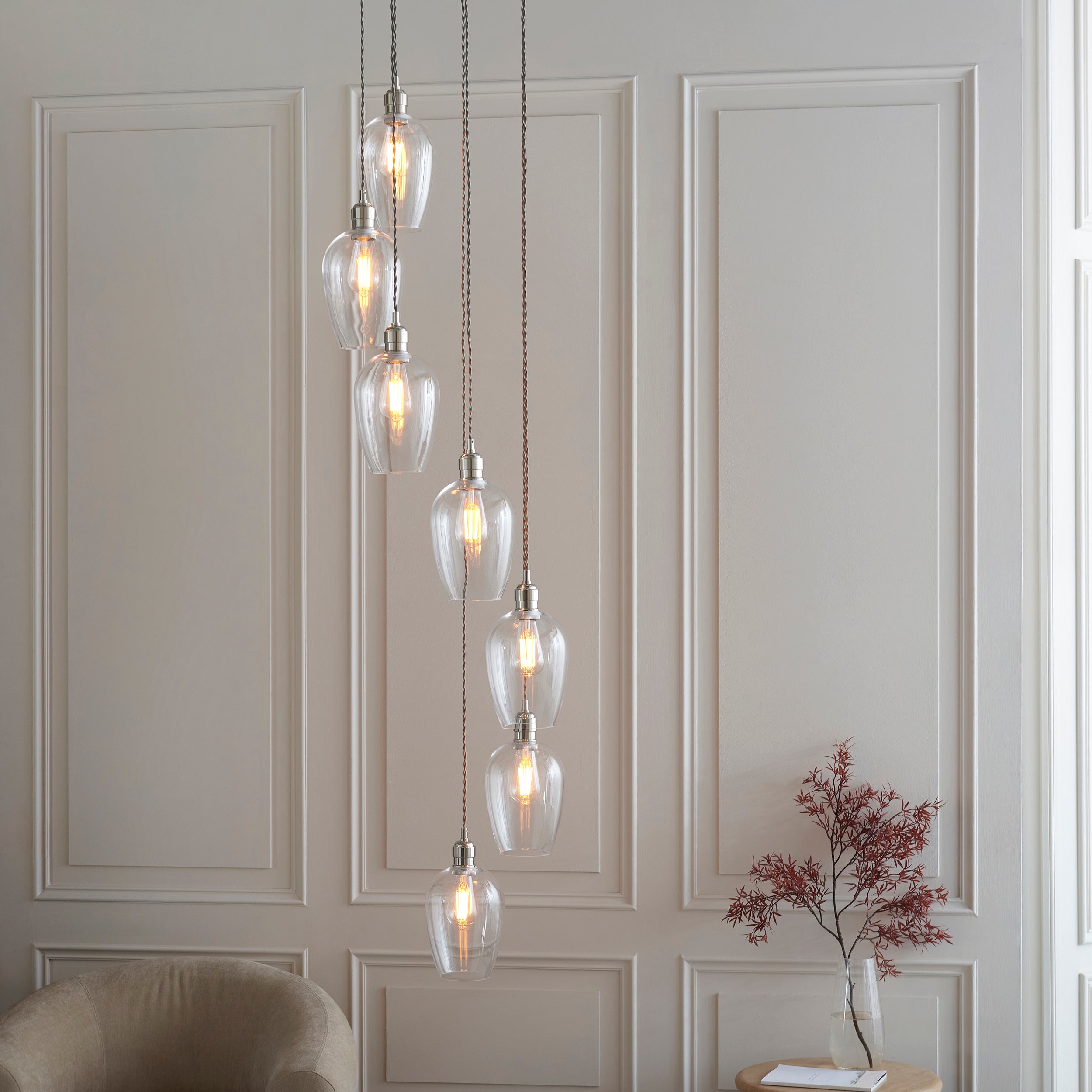 Utopia Finesse 7  Light Cascade Ceiling Pendant - Bright Nickel & Clear Glass