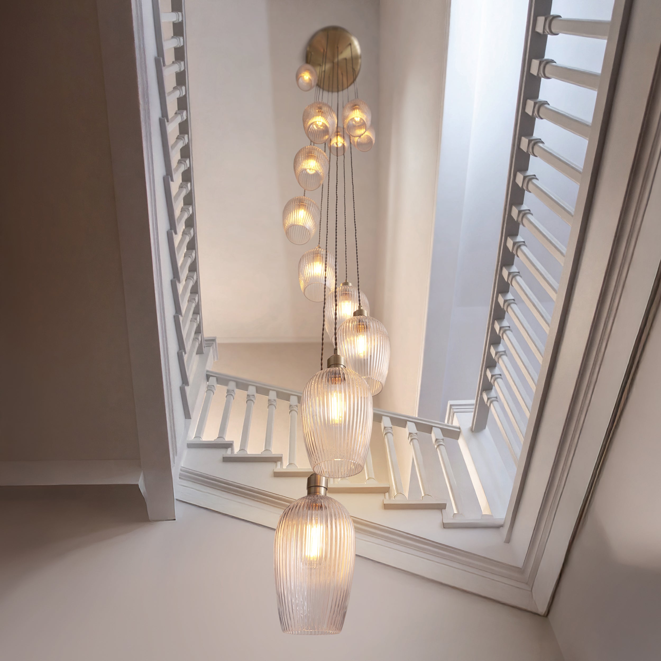 Utopia Finesse 13 Light Cascade Ceiling Pendant - Antique Brass & Clear Ribbed Glass