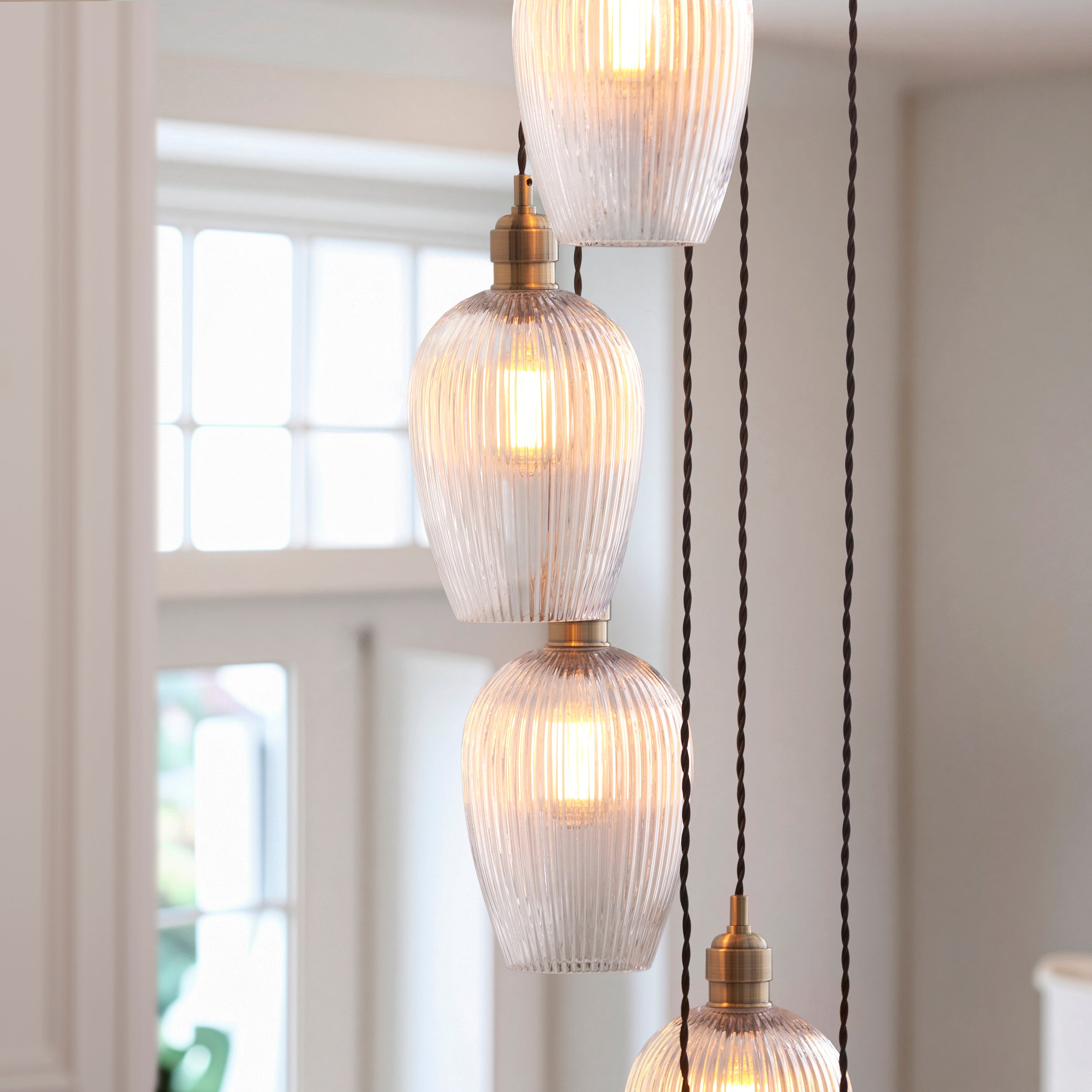 Utopia Finesse 13 Light Cascade Ceiling Pendant - Antique Brass & Clear Ribbed Glass