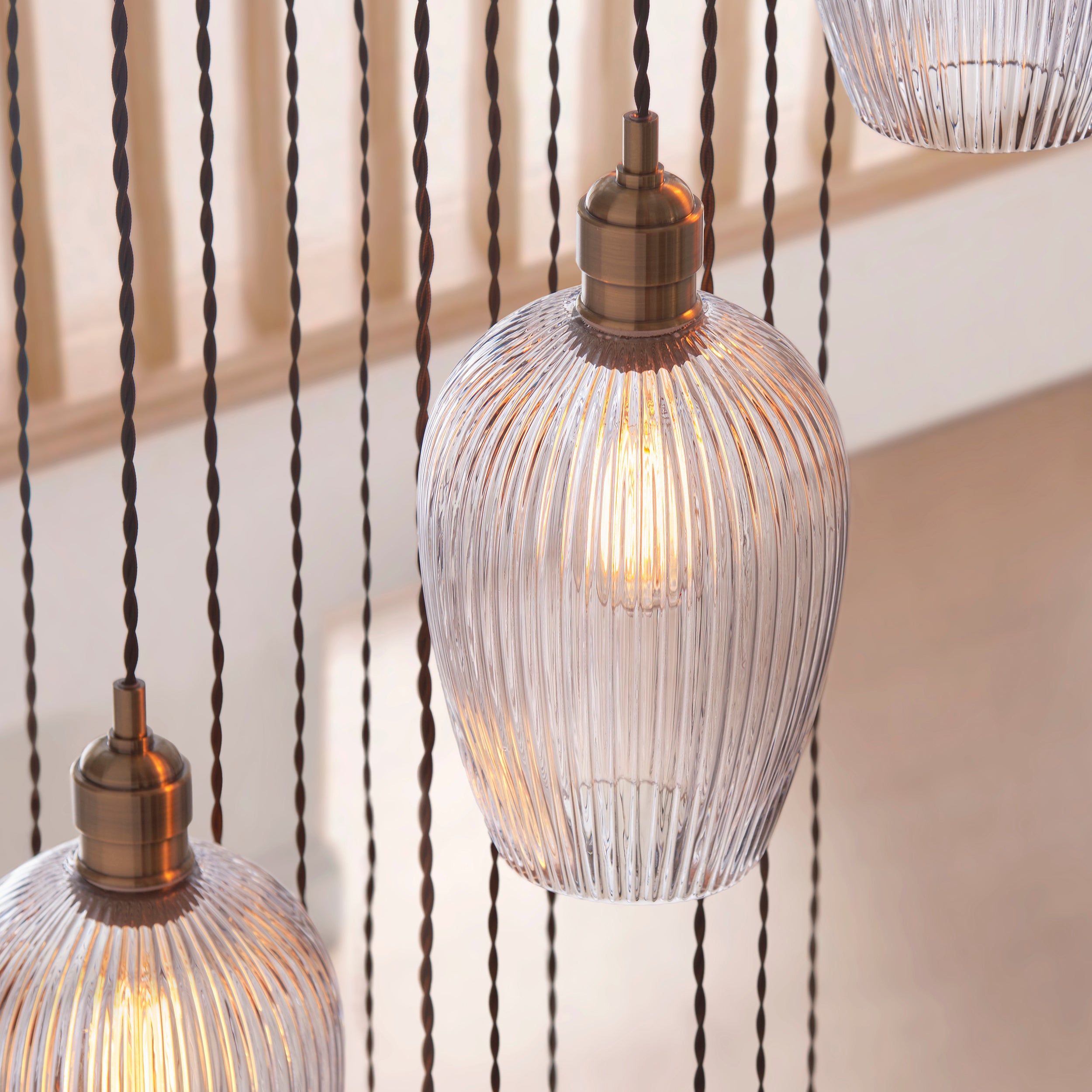 Utopia Finesse 13 Light Cascade Ceiling Pendant - Antique Brass & Clear Ribbed Glass