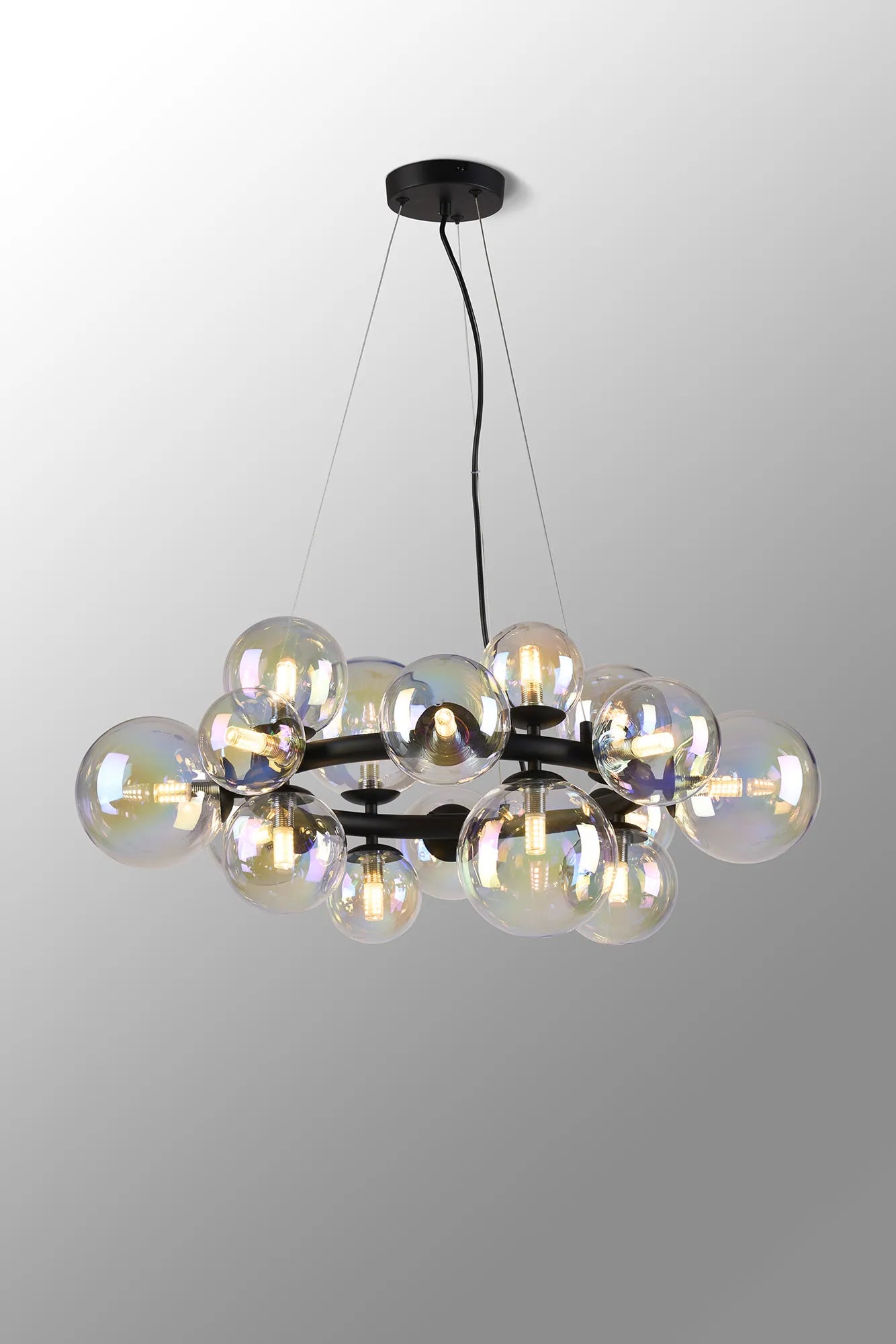 Deacon Circular Pendant 16 Light - Satin Black Iridescent Plated Glass