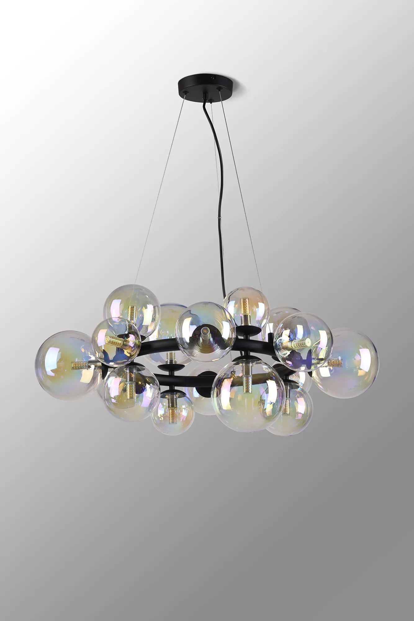 Deacon Circular Pendant 16 Light - Satin Black Iridescent Plated Glass