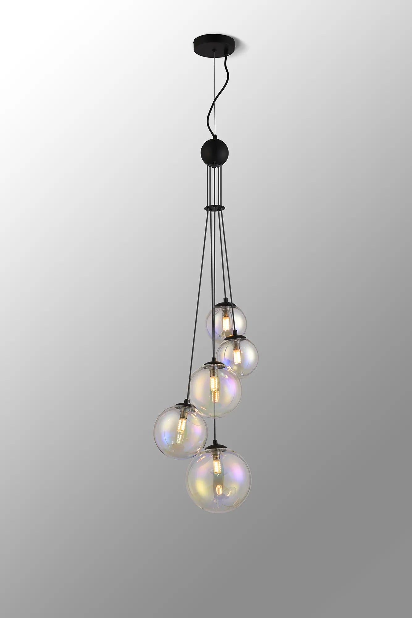 Deacon Pendant 5 Light - Satin Black Iridescent Plated Glass