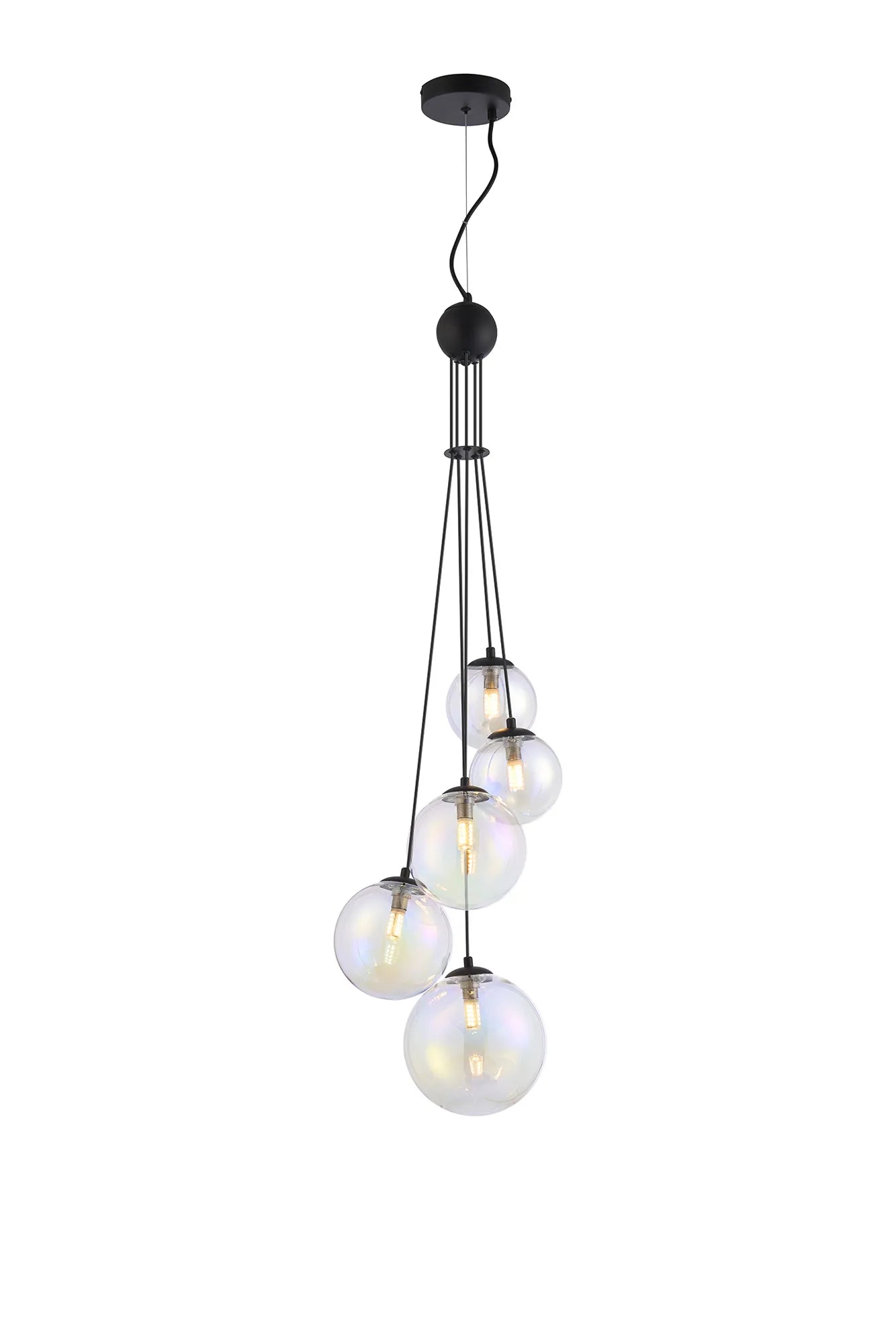 Deacon Pendant 5 Light - Satin Black Iridescent Plated Glass