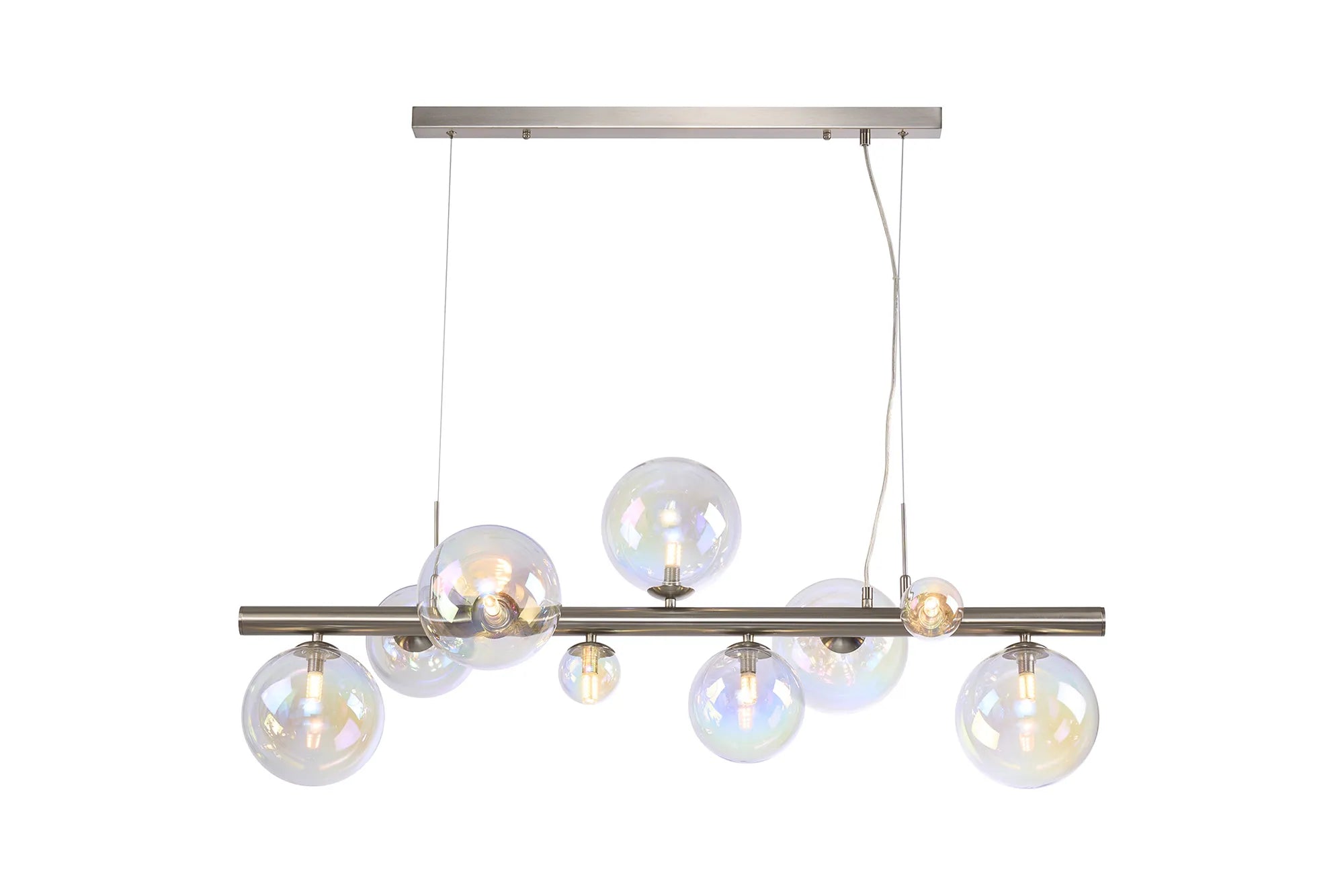 Deacon Linear Pendant 9 Light - Satin Nickel Iridescent Plated Glass