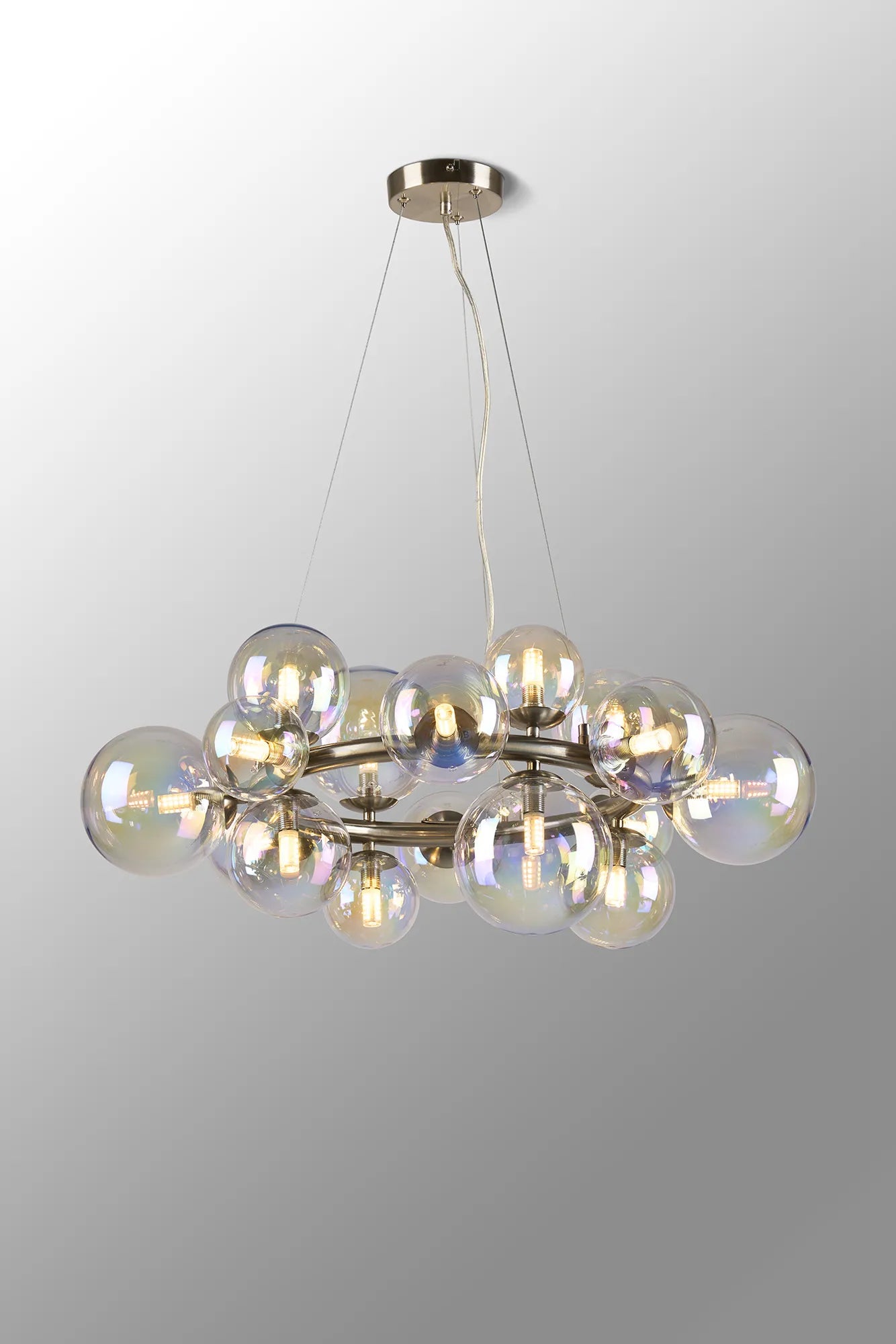 Deacon Circular Pendant 16 Light - Satin Nickel Iridescent Plated Glass