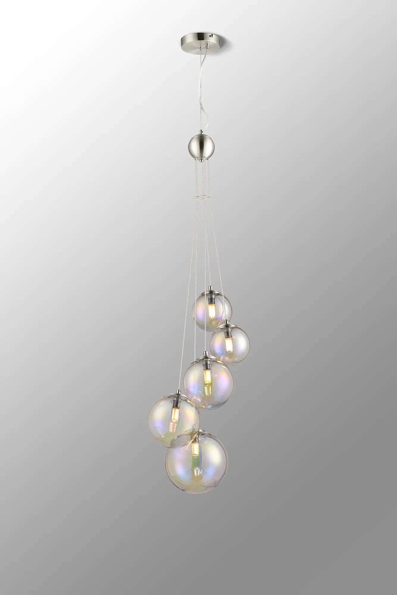 Deacon Pendant 5 Light - Satin Nickel Iridescent Plated Glass