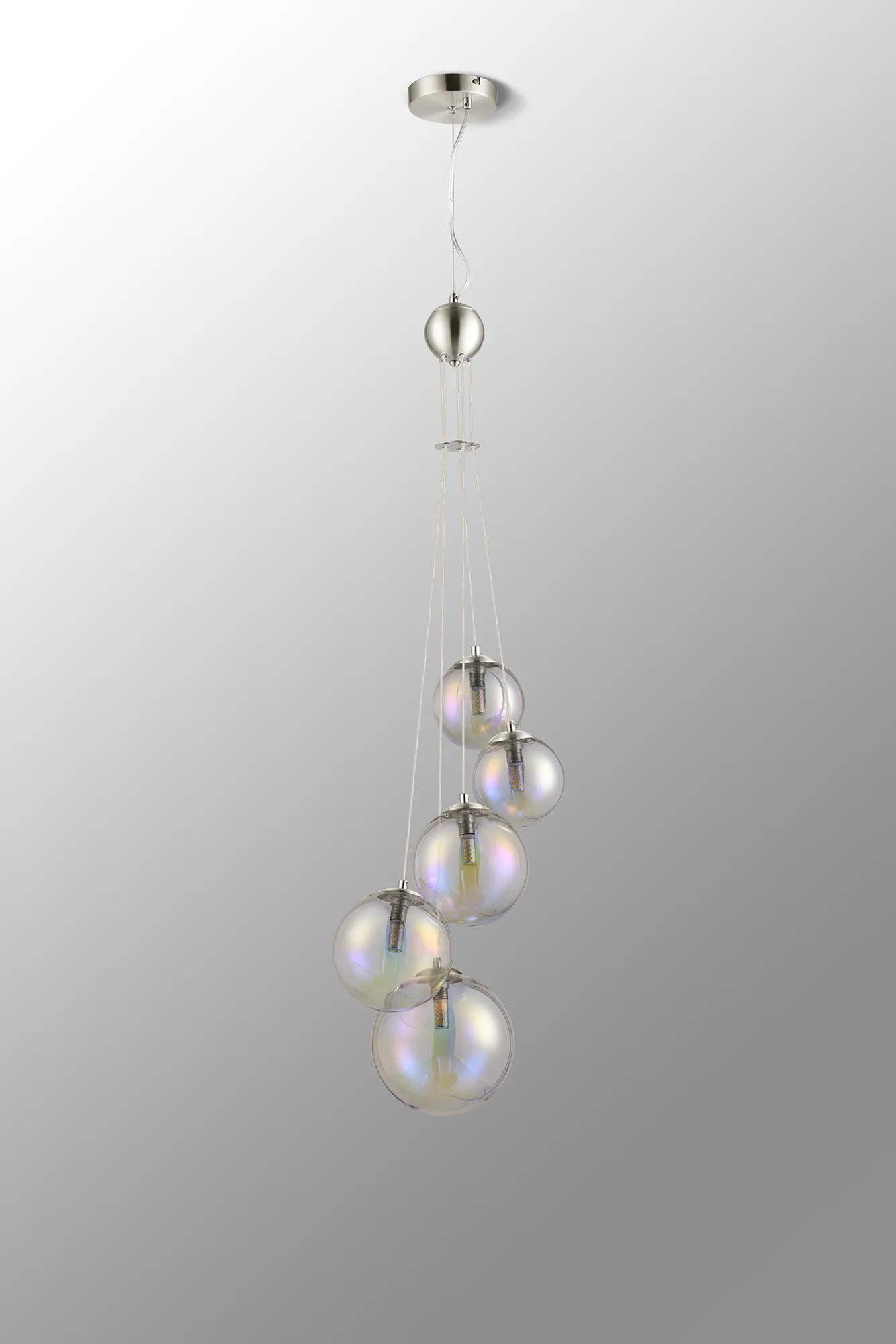 Deacon Pendant 5 Light - Satin Nickel Iridescent Plated Glass
