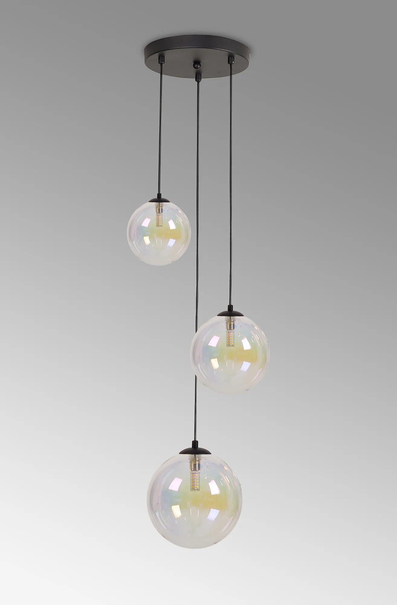 Deacon Round Pendant 3 Light - Satin Black & Iridescent