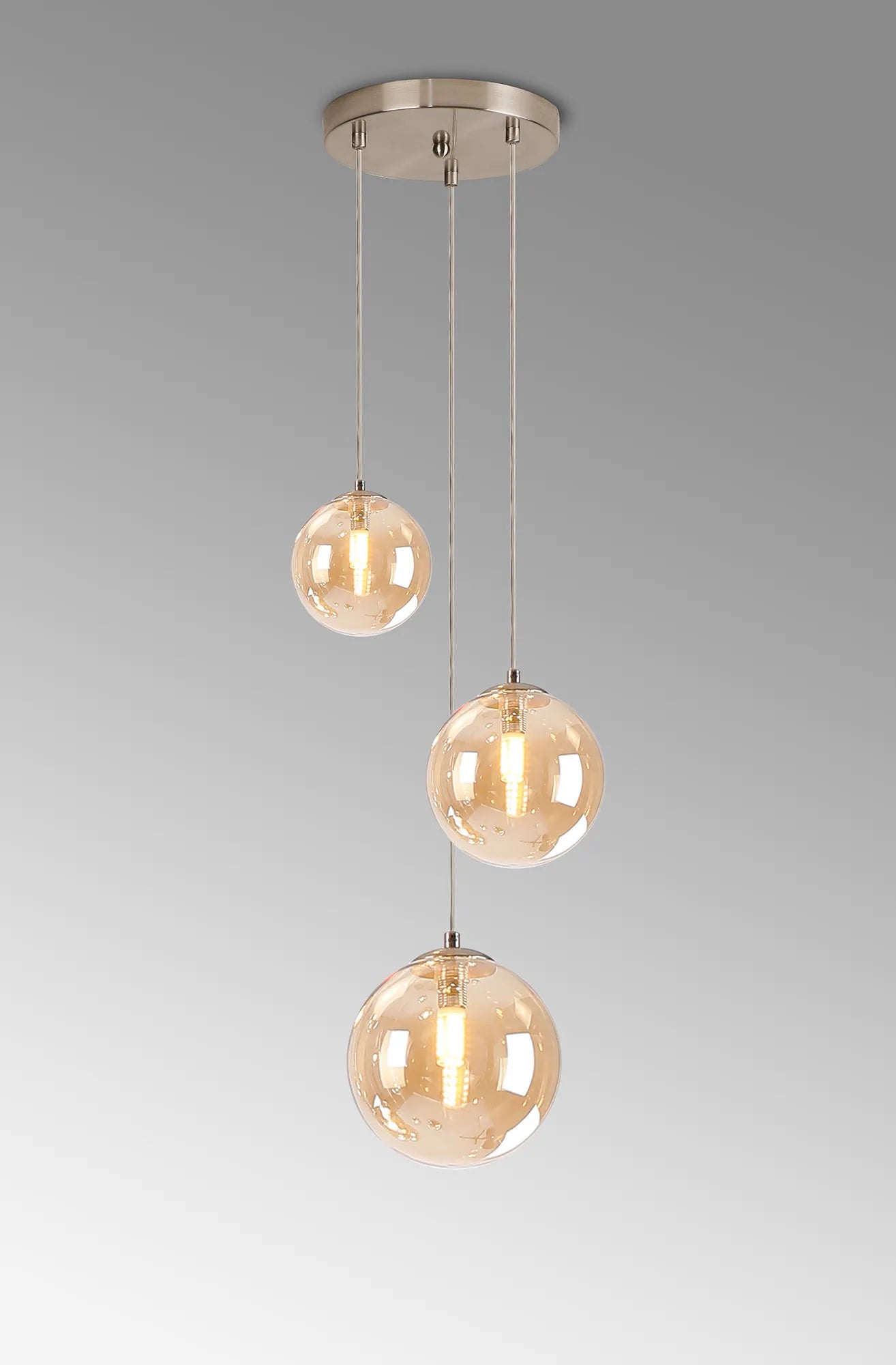 Deacon Round Pendant 3 Light - Satin Nickel & Amber