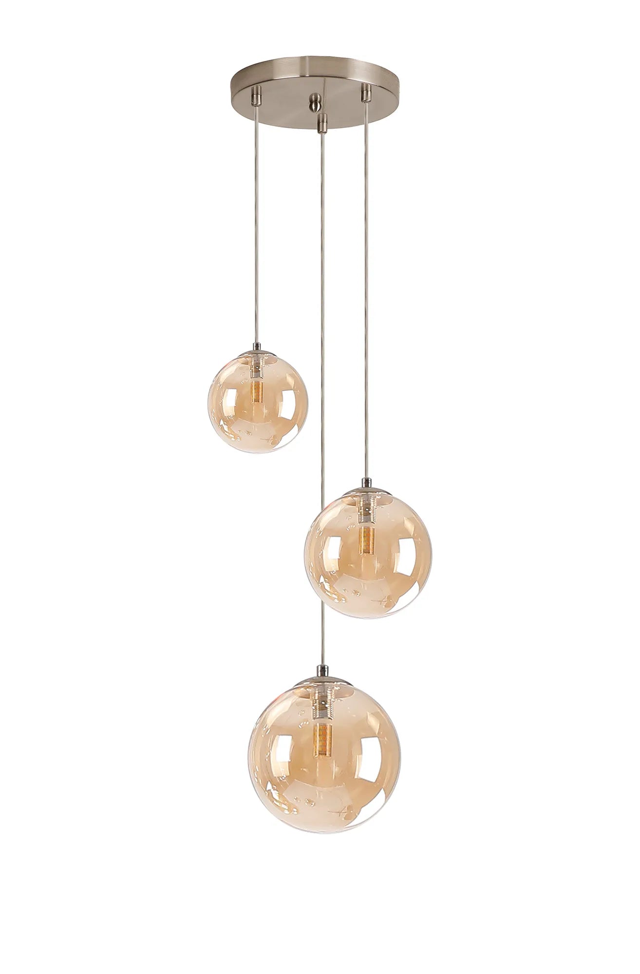 Deacon Round Pendant 3 Light - Satin Nickel & Amber