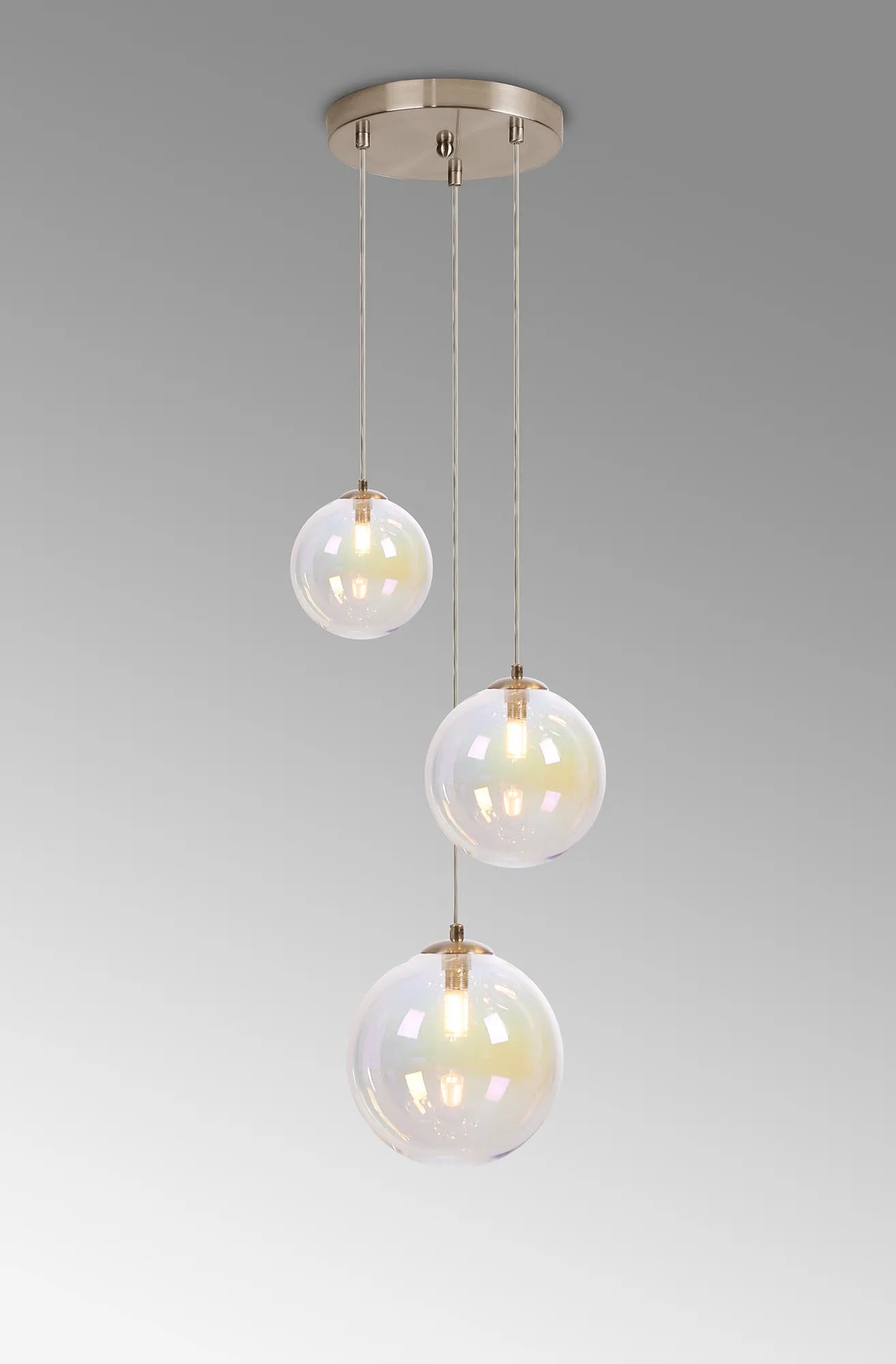 Deacon Round Pendant 3 Light - Satin Nickel & Iridescent