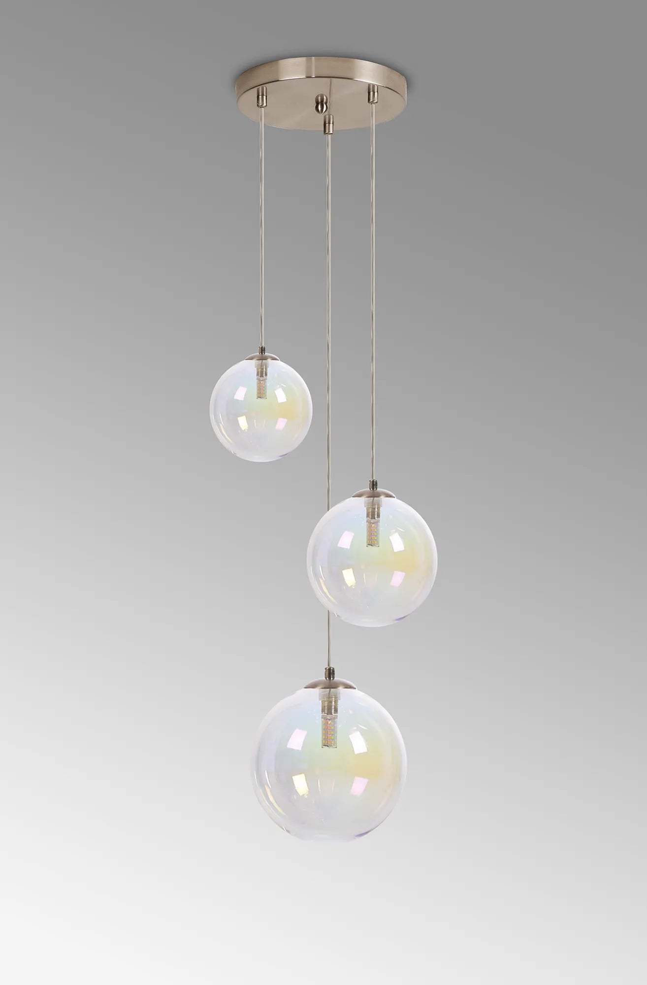 Deacon Round Pendant 3 Light - Satin Nickel & Iridescent