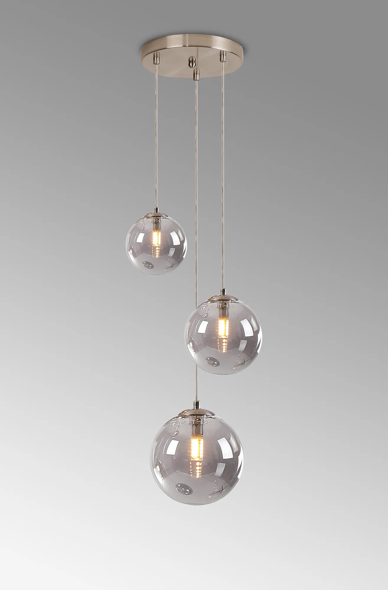 Deacon Round Pendant 3 Light - Satin Nickel & Smoke
