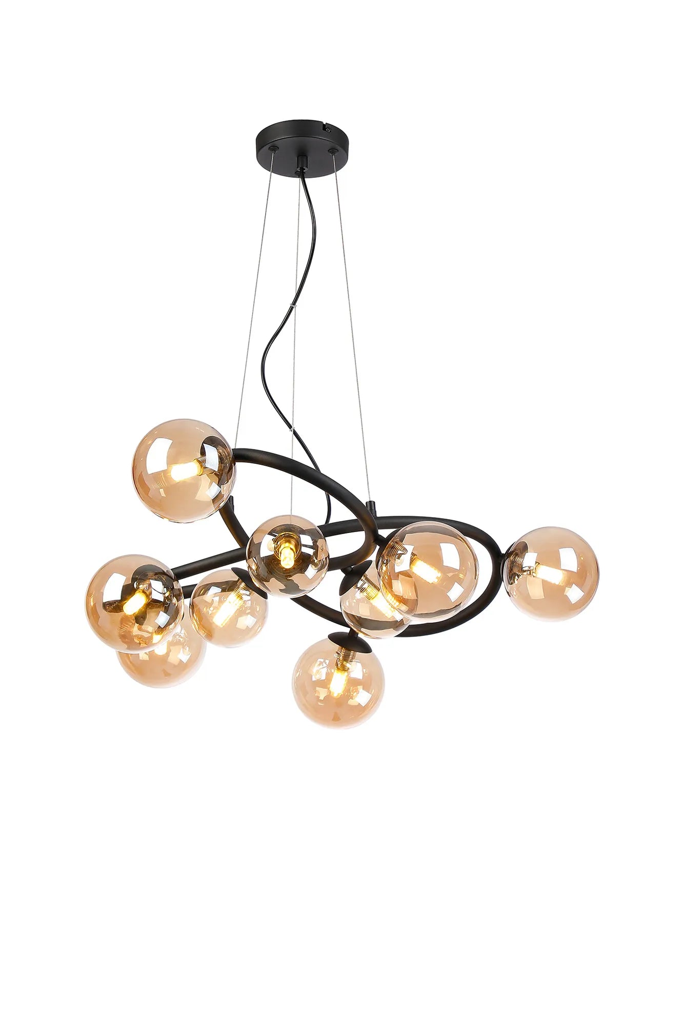 Deacon Twisted Pendant 9 Light - Satin Black Amber Plated Glass
