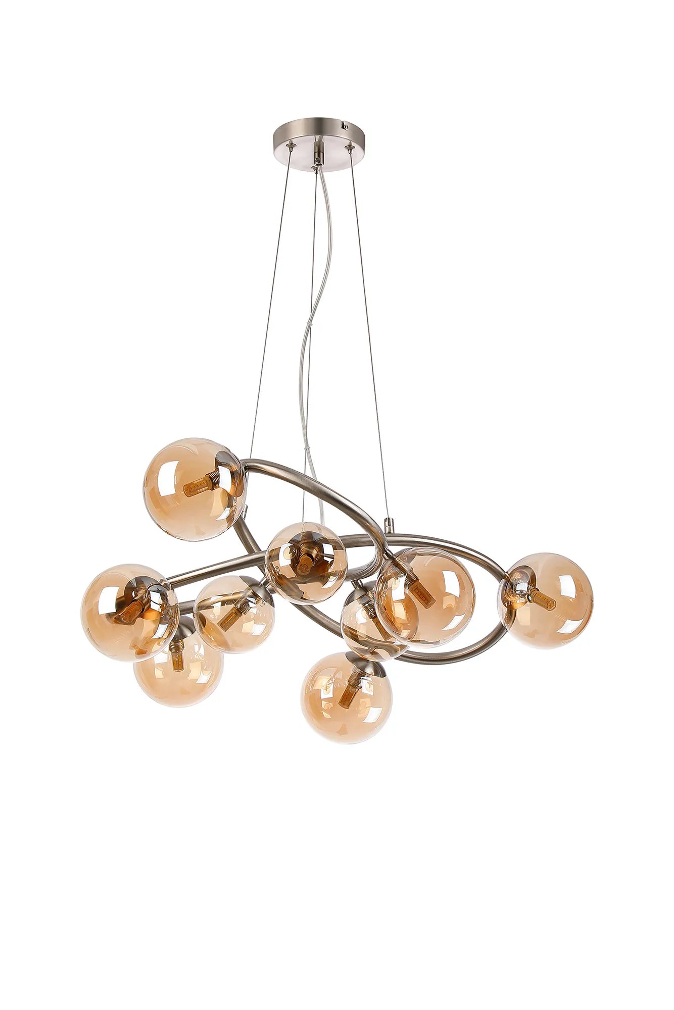 Deacon Twisted Pendant 9 Light - Satin Nickel Amber Plated Glass