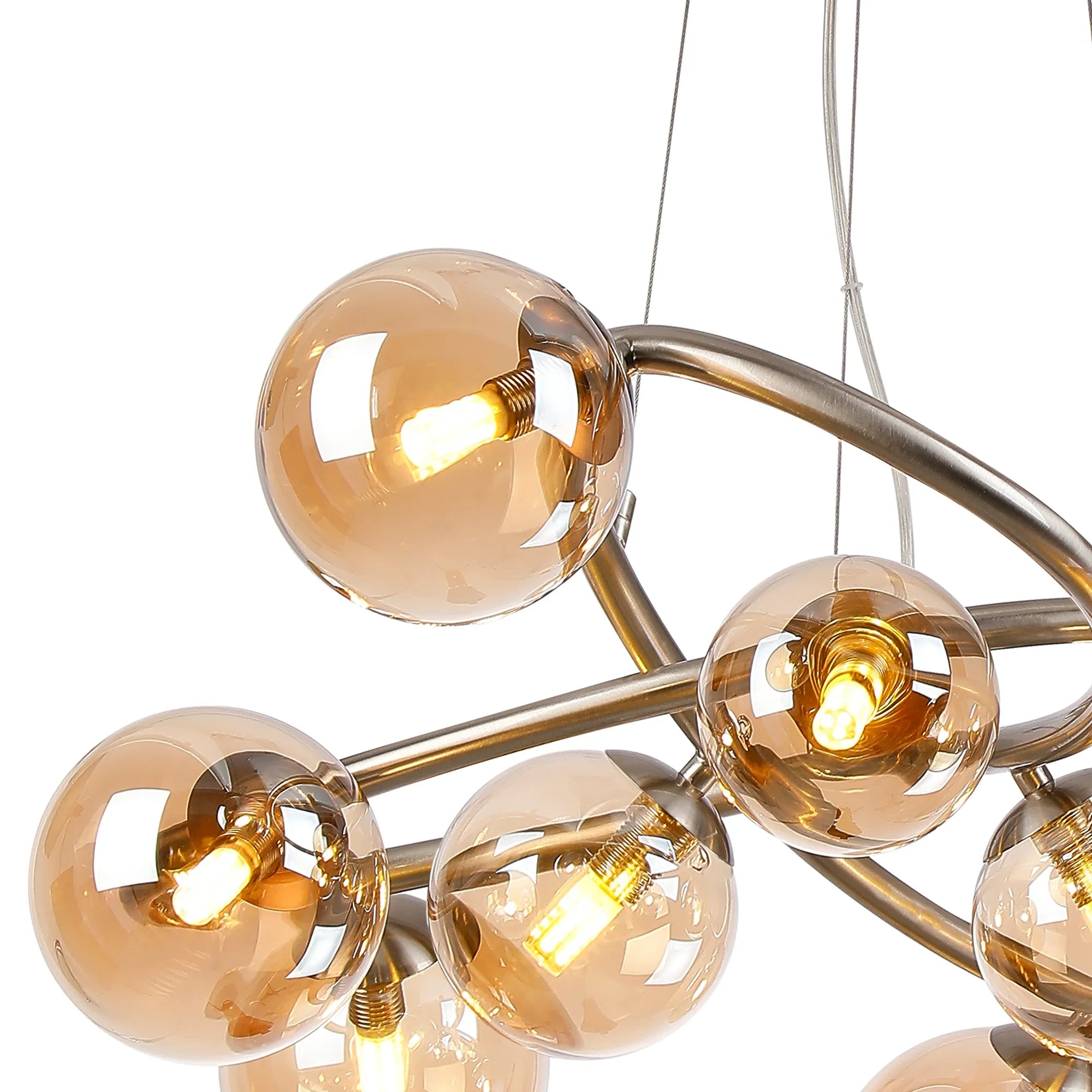 Deacon Twisted Pendant 9 Light - Satin Nickel Amber Plated Glass
