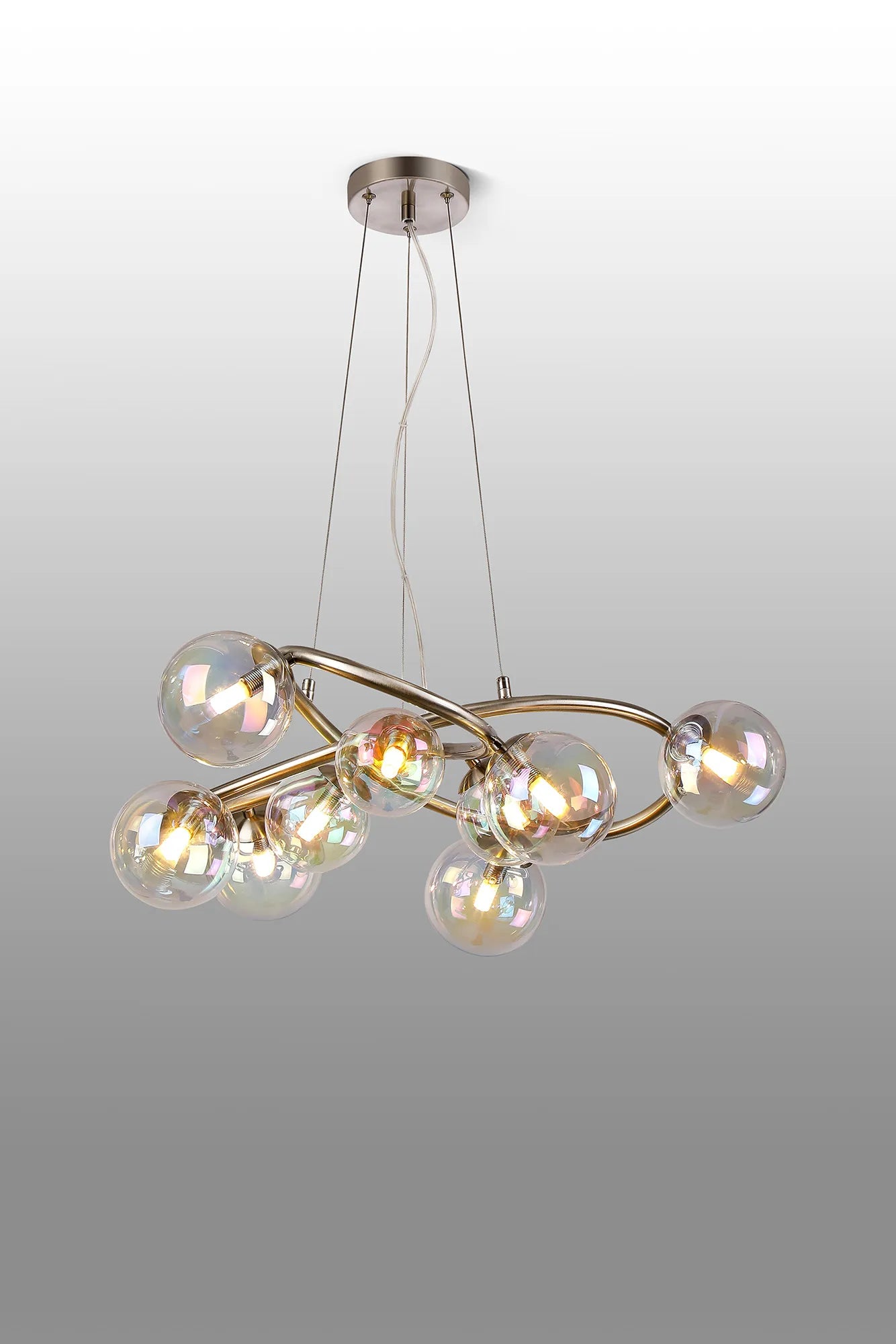 Deacon Twisted Pendant 9 Light - Satin Nickel Iridescent Plated Glass