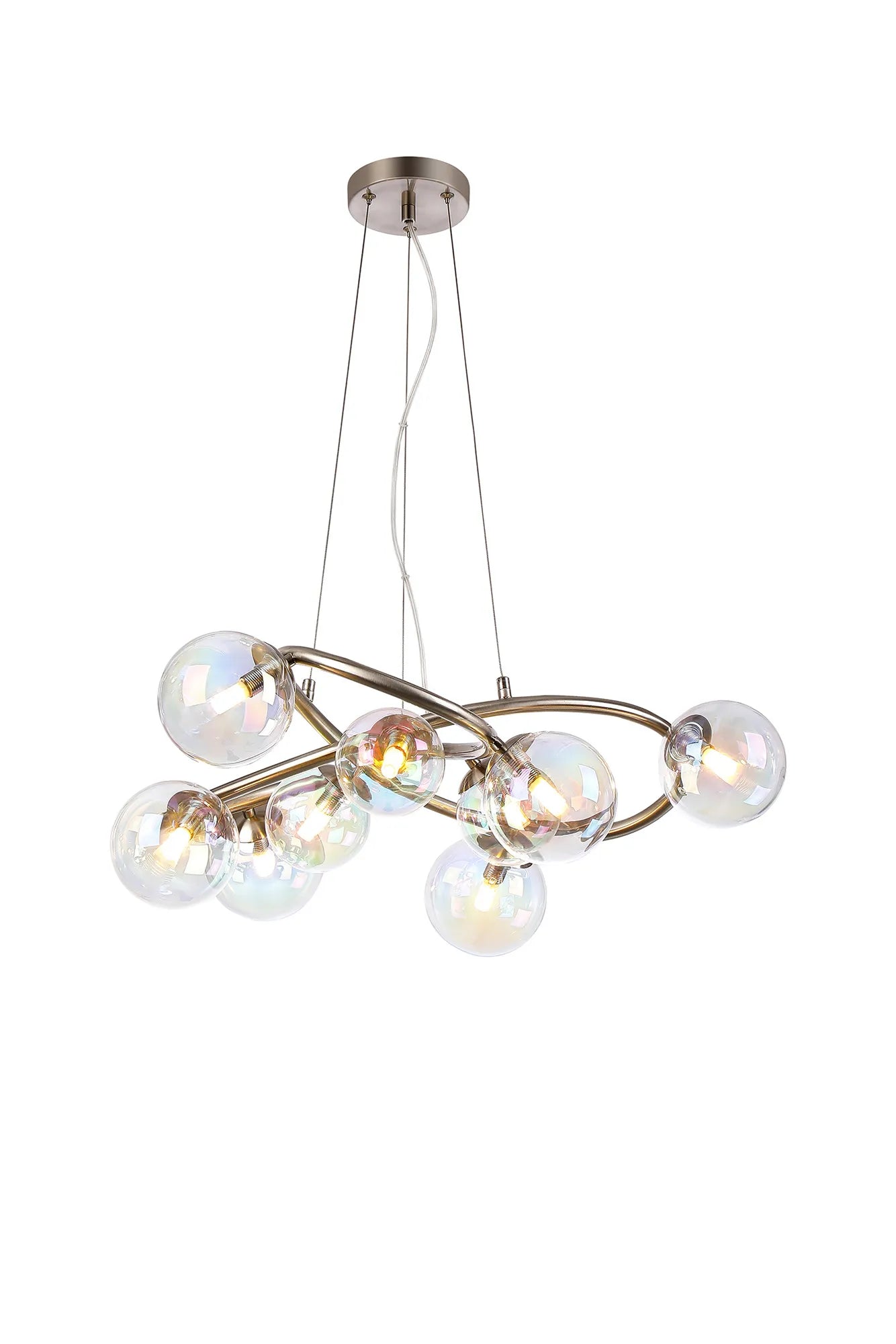 Deacon Twisted Pendant 9 Light - Satin Nickel Iridescent Plated Glass