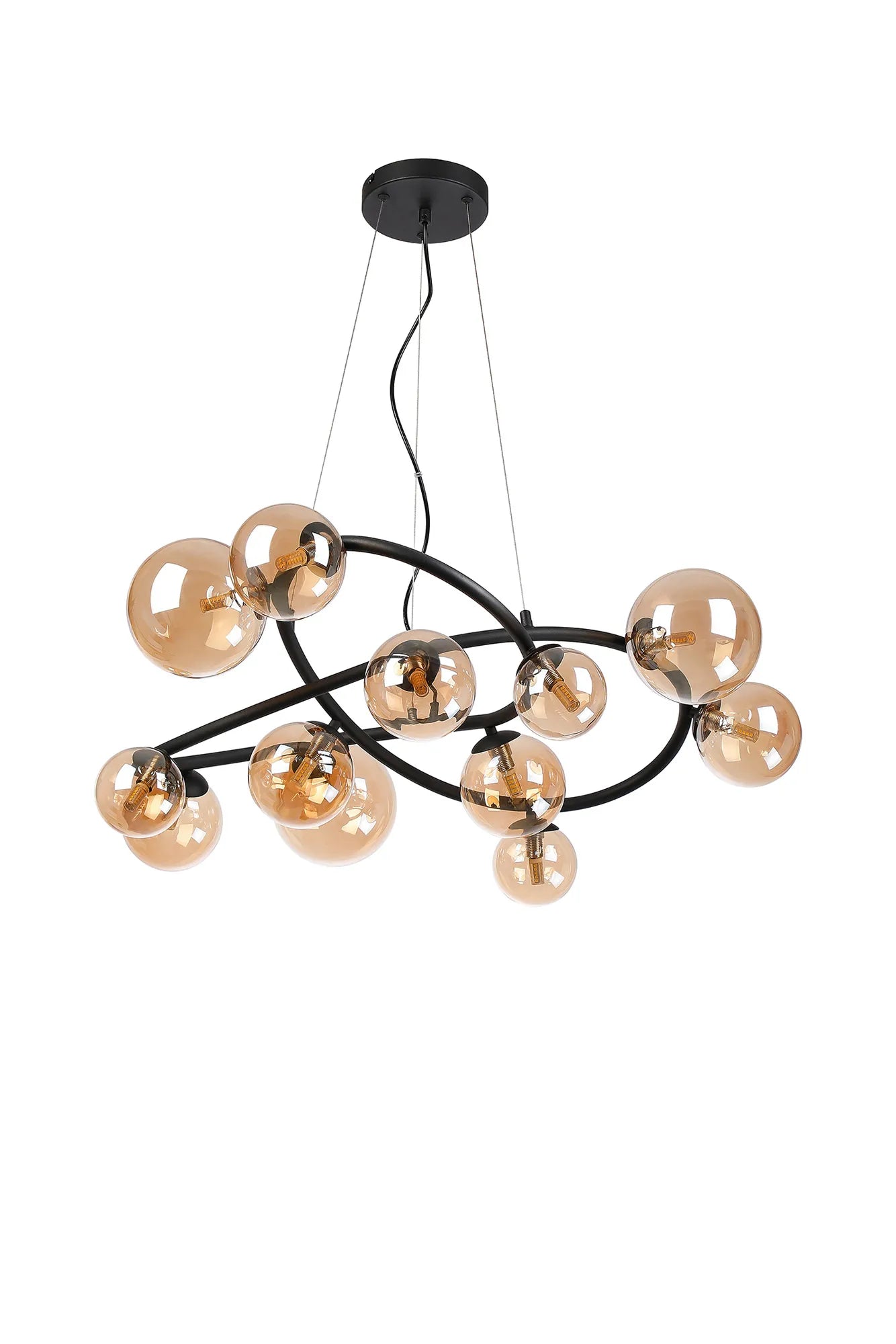 Deacon Twisted Pendant 12 Light - Satin Black Amber Plated Glass