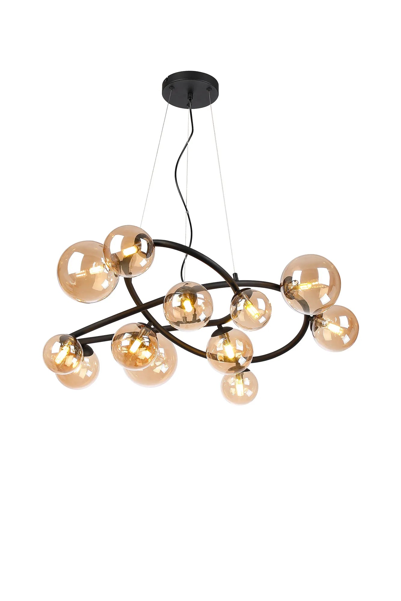 Deacon Twisted Pendant 12 Light - Satin Black Amber Plated Glass