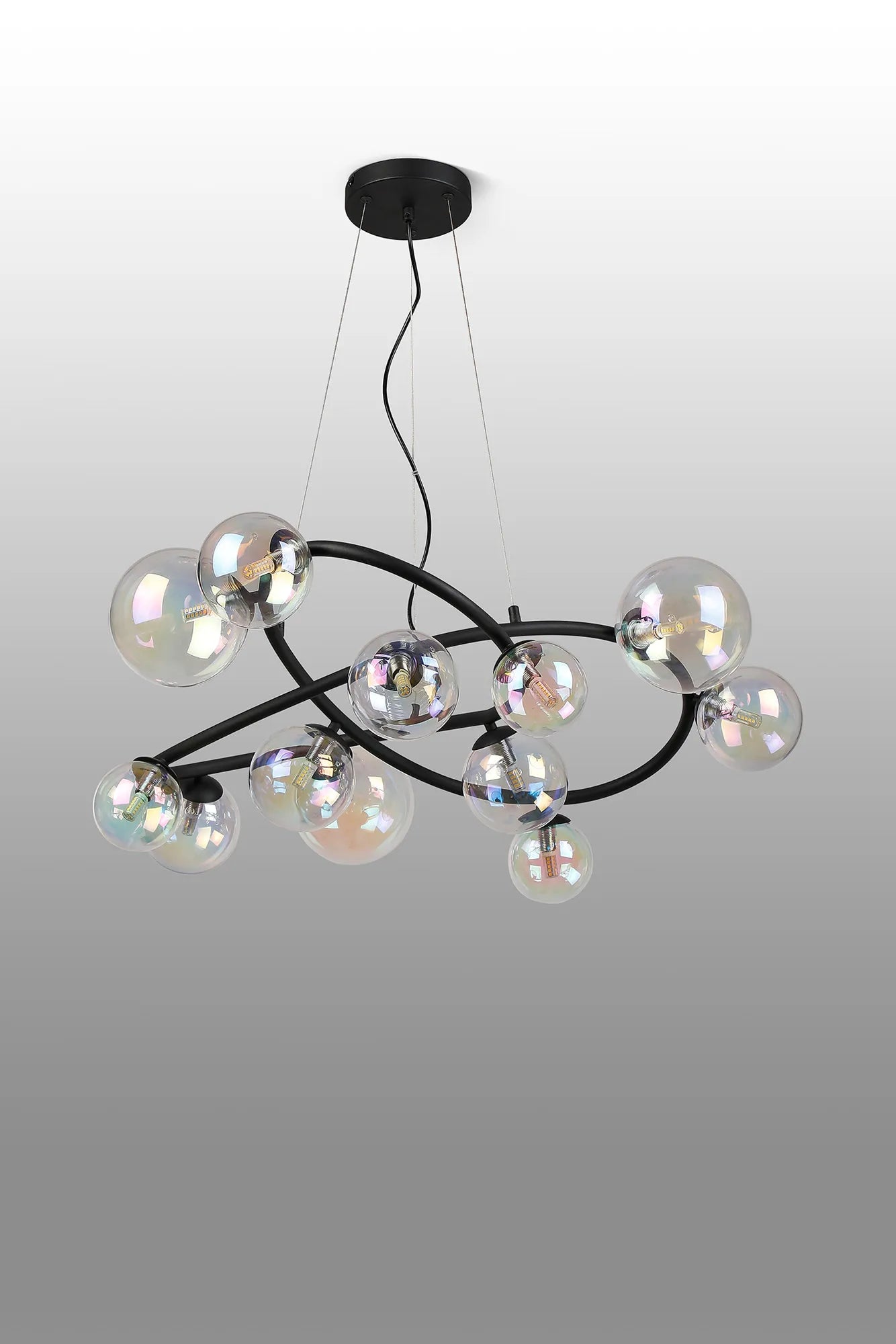 Deacon Twisted Pendant 12 Light - Satin Black Iridescent Plated Glass