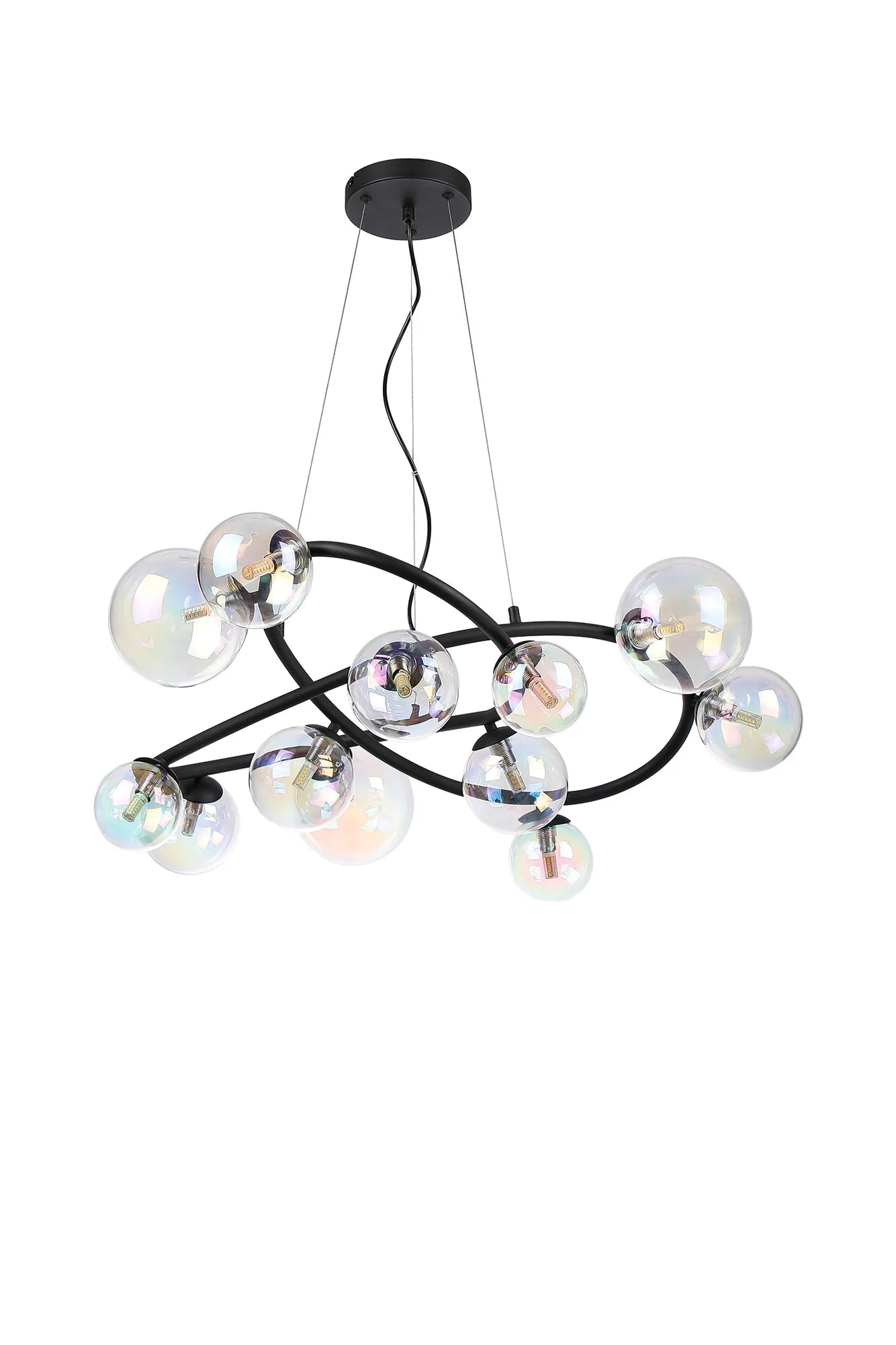 Deacon Twisted Pendant 12 Light - Satin Black Iridescent Plated Glass