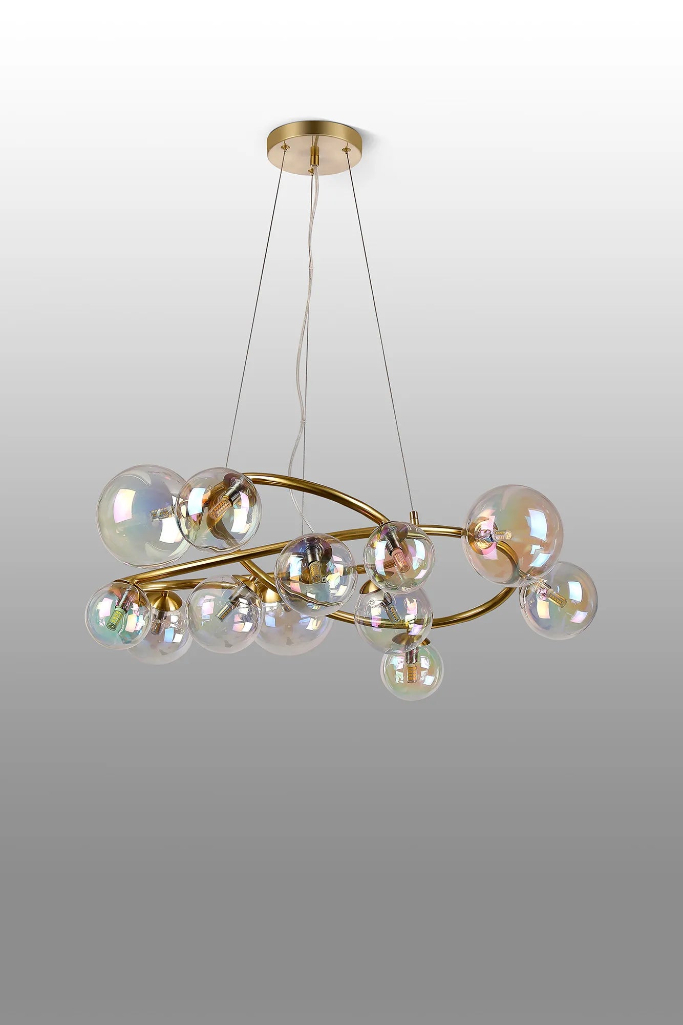 Deacon Twisted Pendant 12 Light - Satin Gold Iridescent Plated Glass