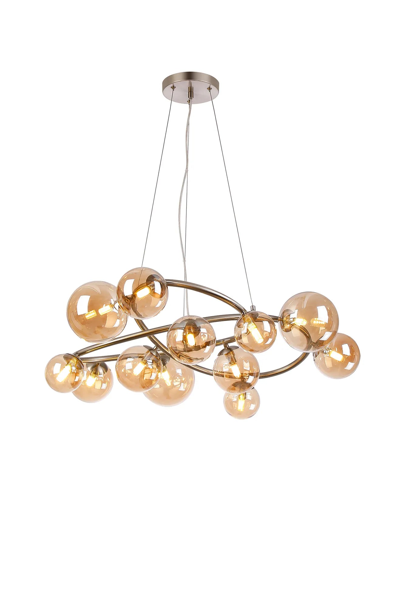 Deacon Twisted Pendant 12 Light - Satin Nickel Amber Plated Glass