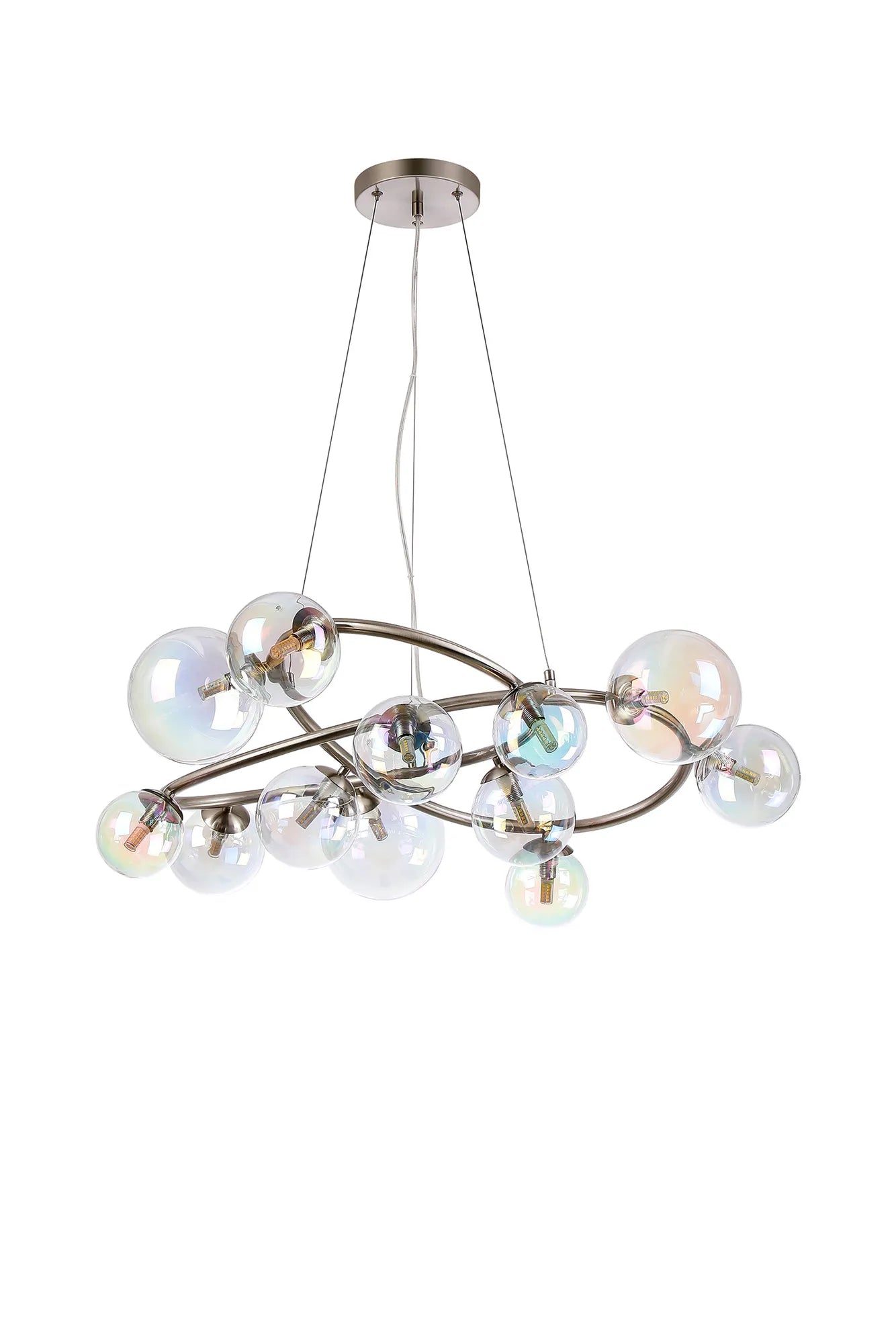 Deacon Twisted Pendant 12 Light - Satin Nickel Iridescent Plated Glass